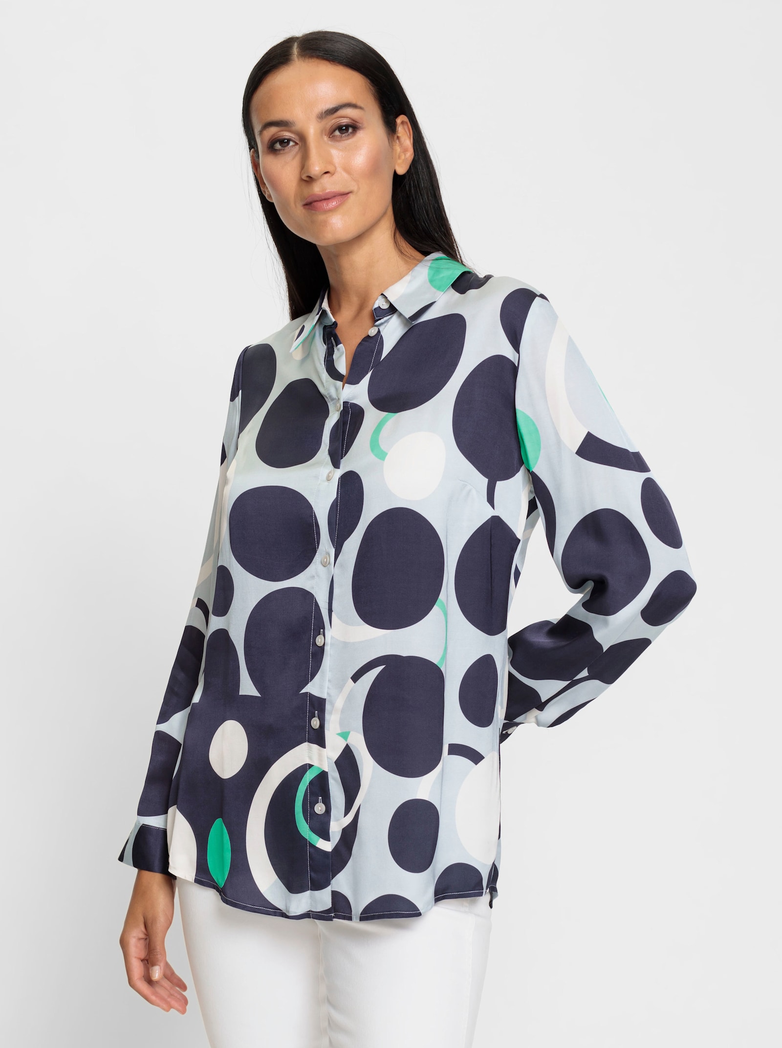 heine Hemdbluse mit seidigem Glanz - marine-hellblau-bedruckt