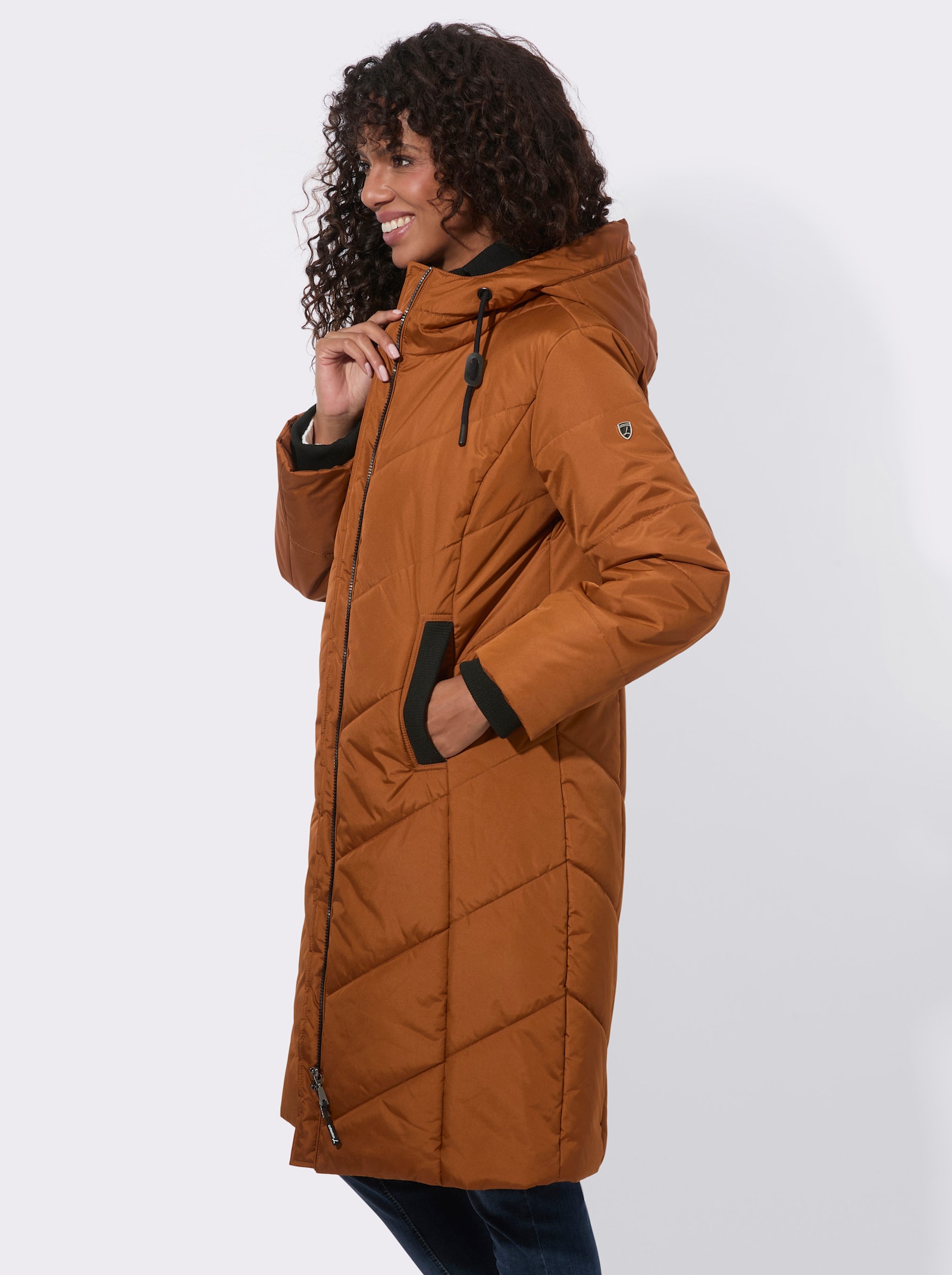 Steppmantel mit Kapuze - cognac
