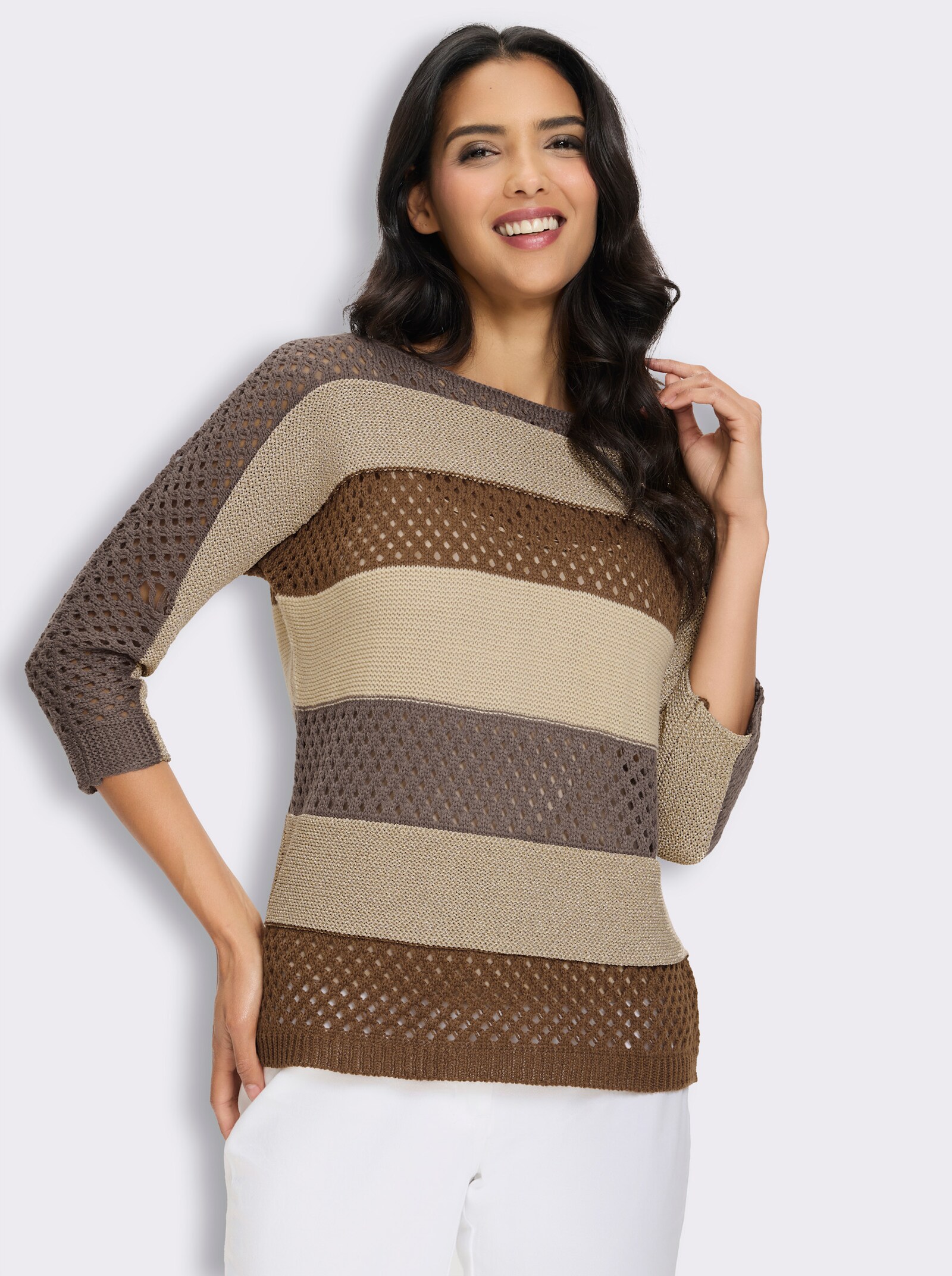 Ajourpullover mit Glanzgarn - braun-sand-gemustert
