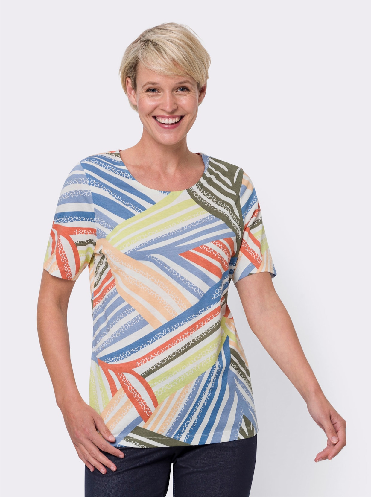 Shirt met ronde hals - ecru/kaki geprint