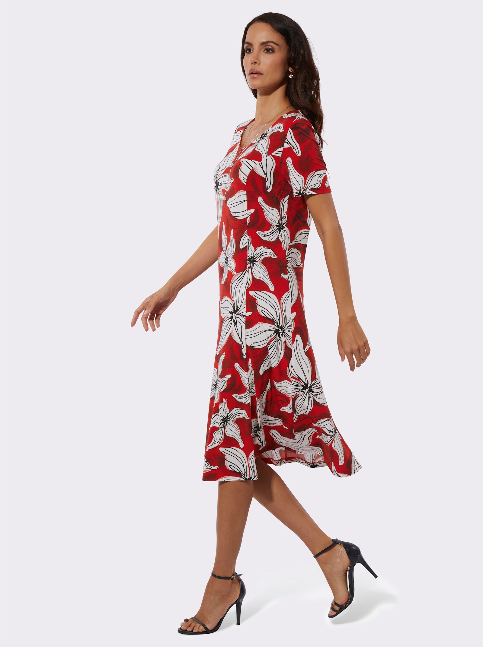  Jerseykleid mit floralem Druck - rot-champagner-bedruckt