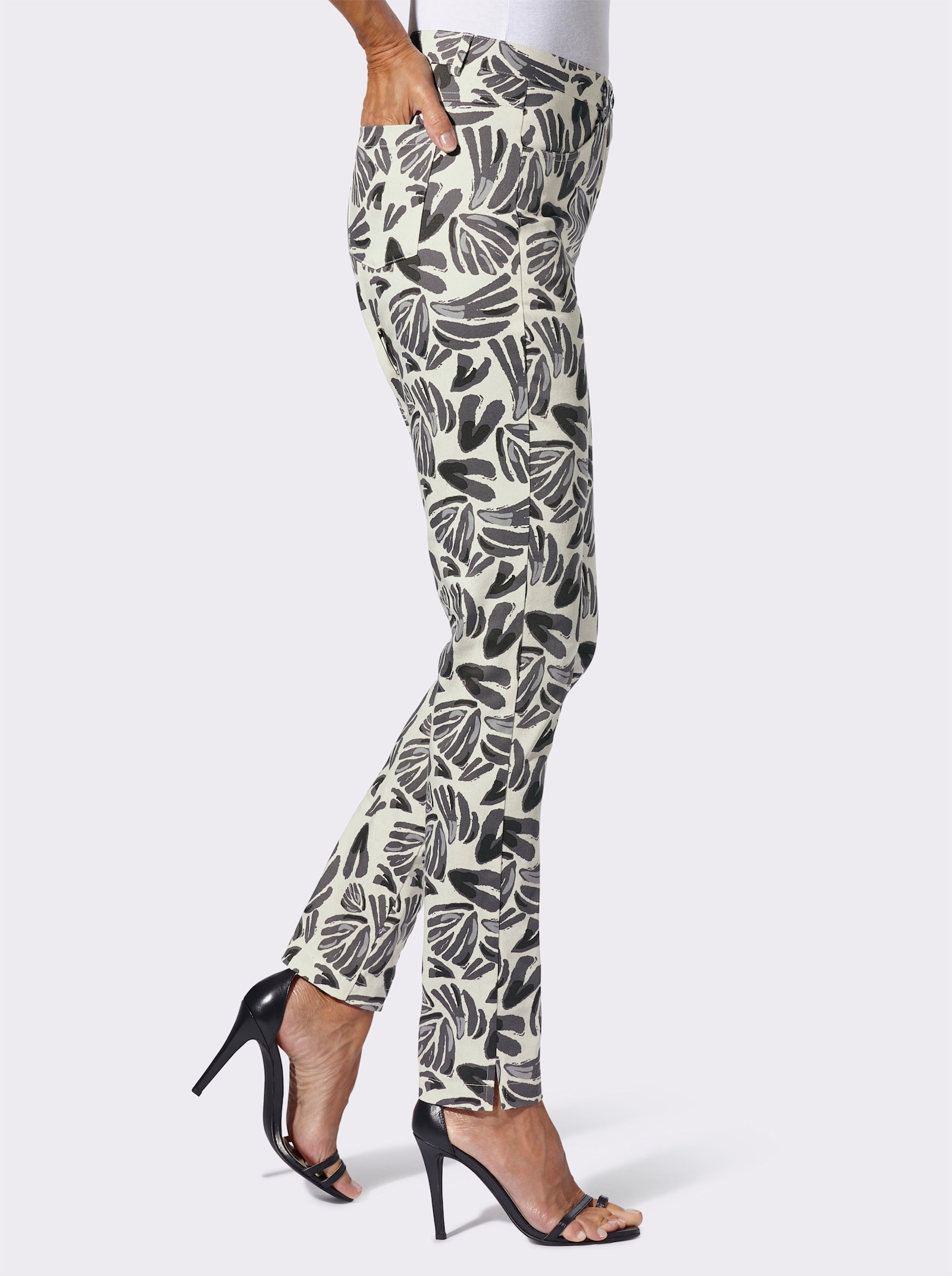 Broek met print in bloemdessin - champagne/antraciet bedrukt