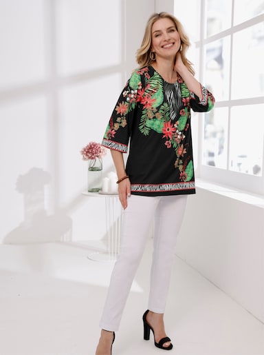 Tunikashirt mit Bordüren-Druck - schwarz-flamingo-bedruckt