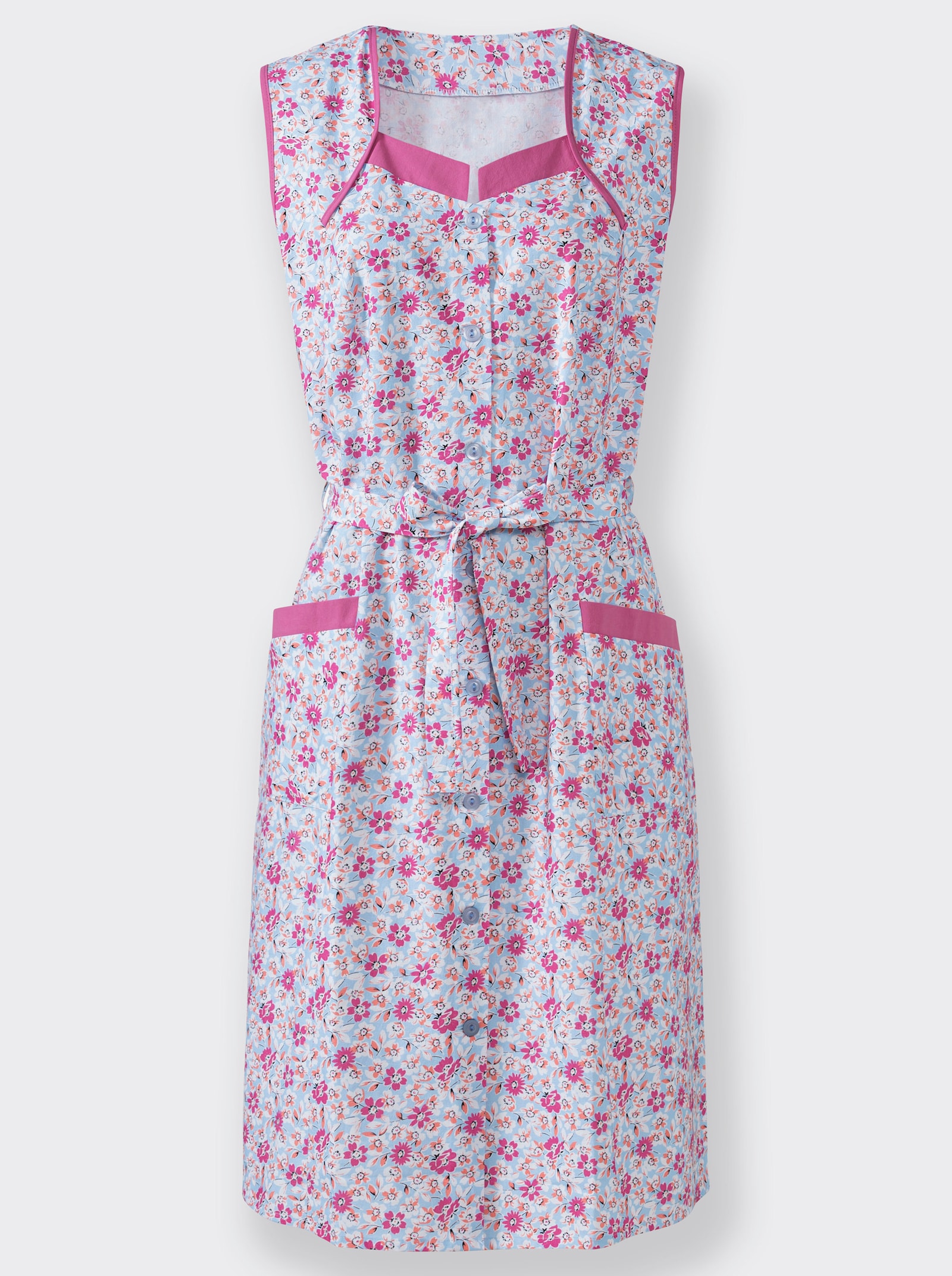 Kleiderschürze mit Knopfleiste - fuchsia-eisblau-bedruckt