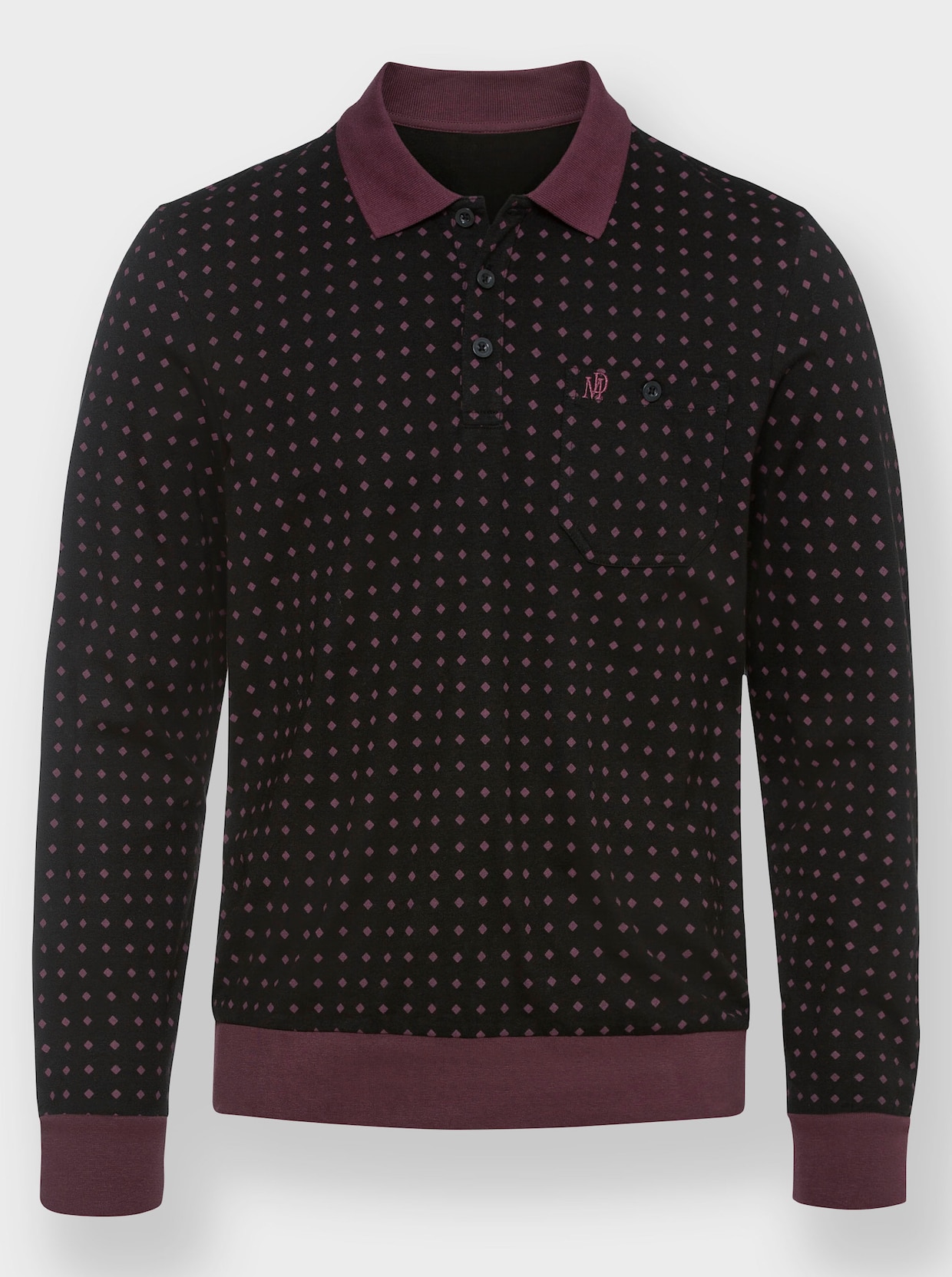 Marco Donati Langarm-Poloshirt - schwarz-burgund-gemustert