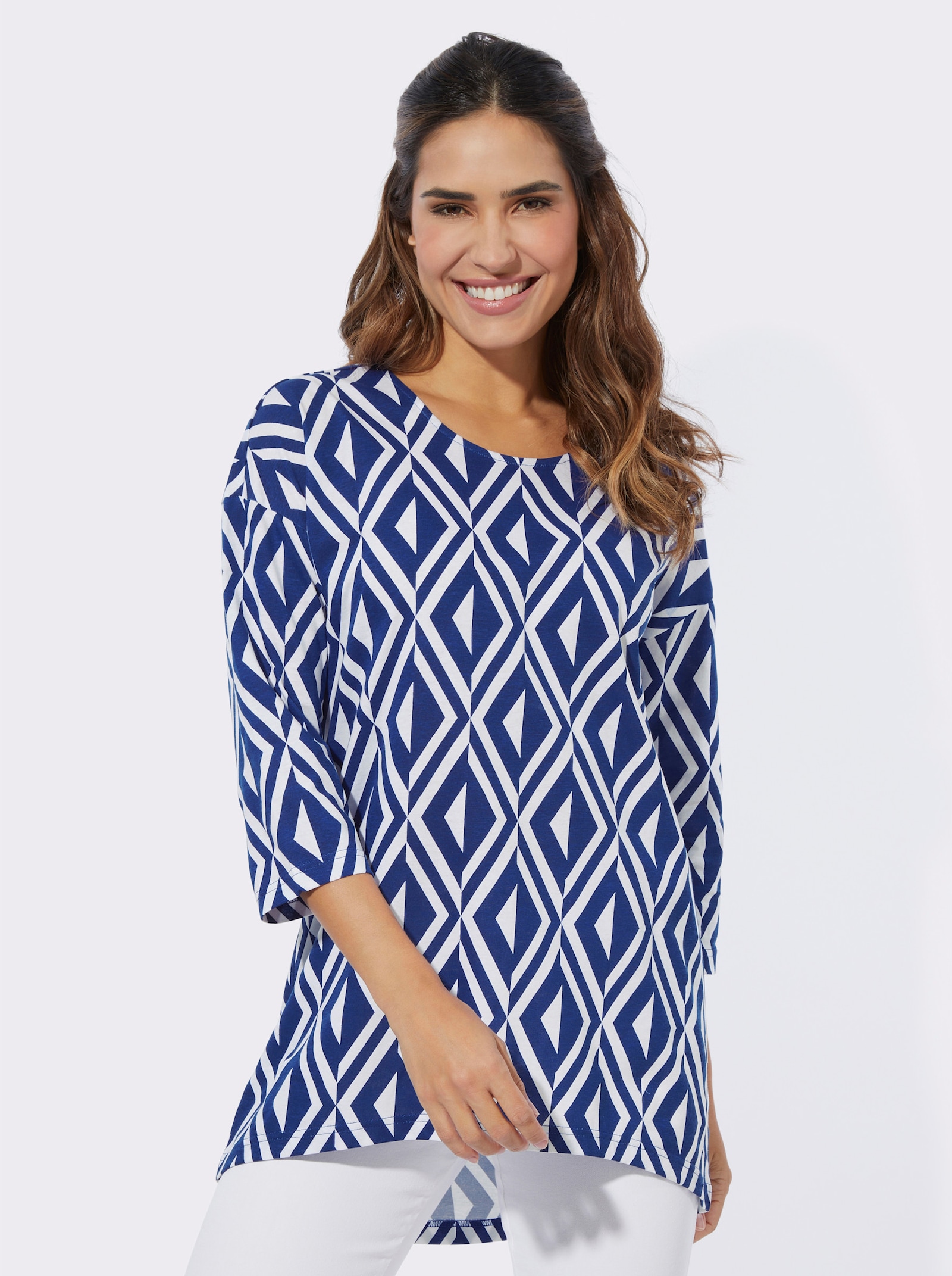 Longshirt in A-Form - royalblau-ecru-bedruckt