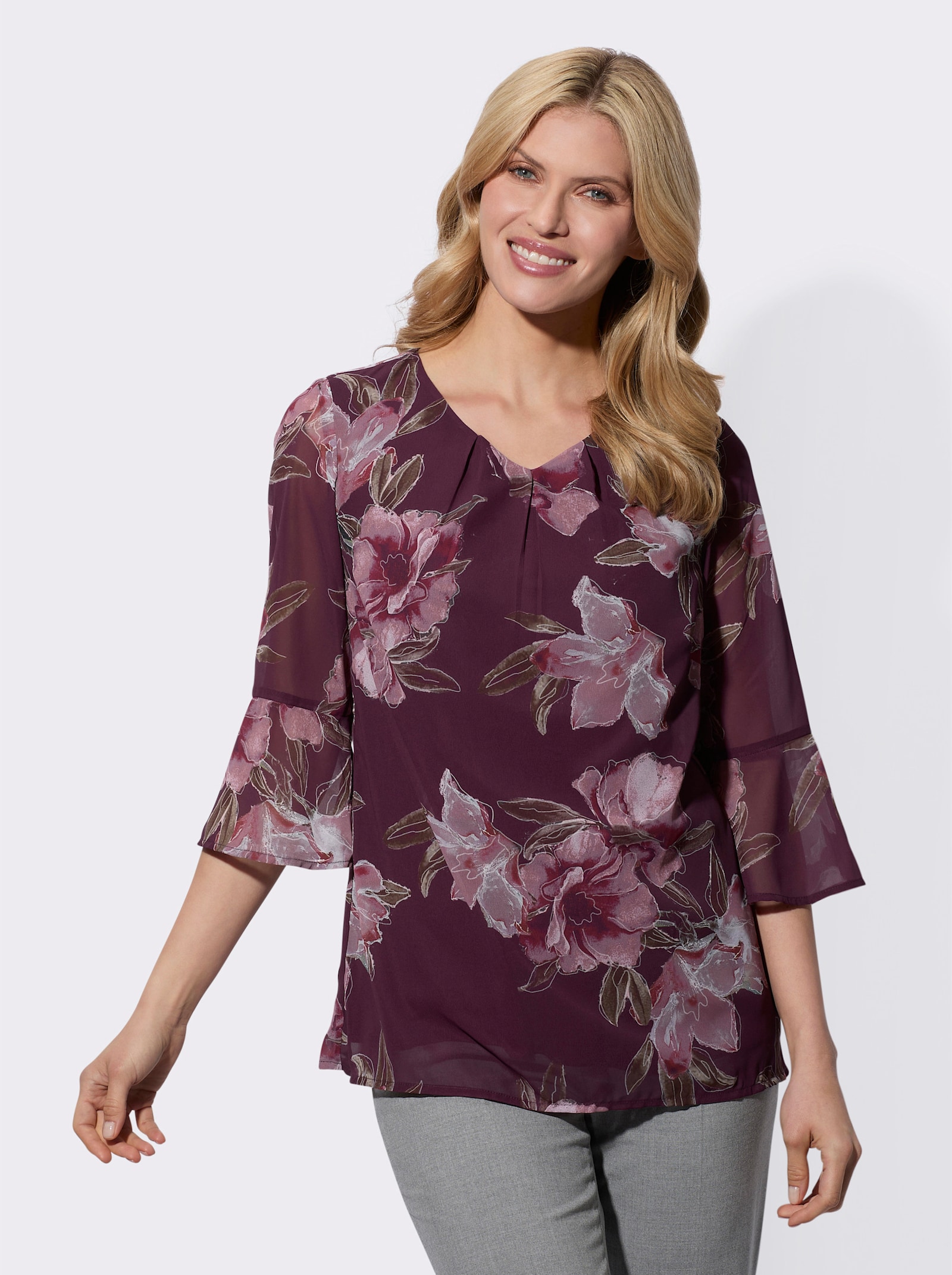 Navlékací halenka s neprůhlednou podšívkou - burgundská-slézová-potisk