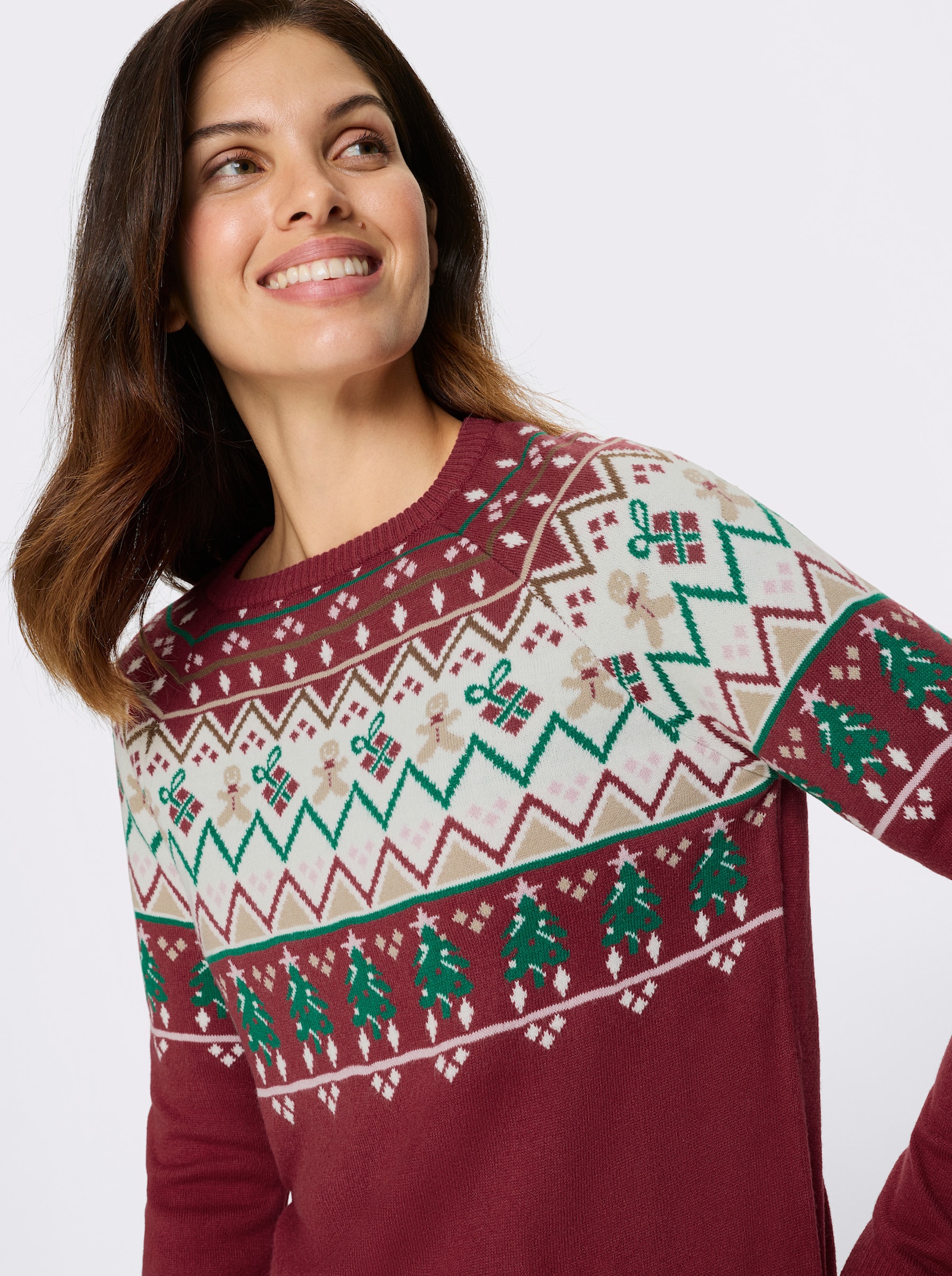 Pulóver, dlhé rukávy, vianočný nórsky vzor - Červená-šampanská