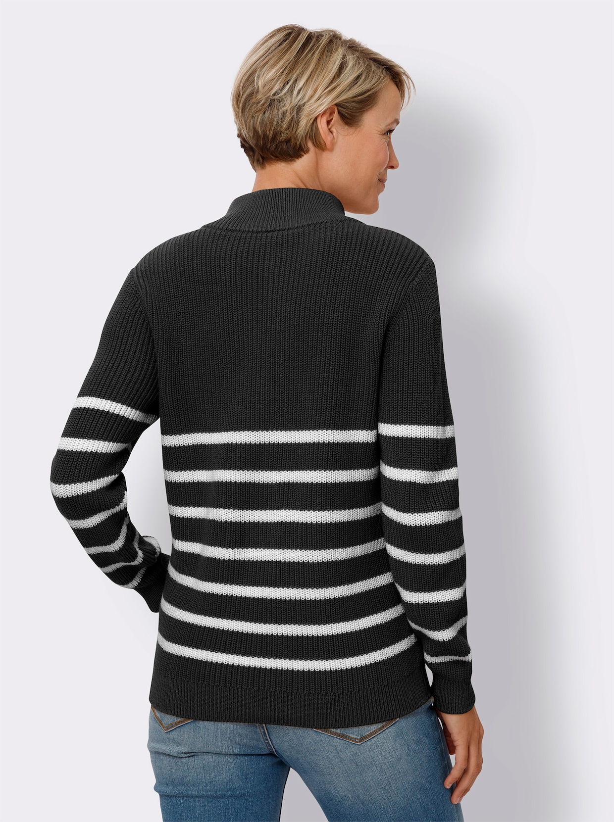 Stehkragenpullover - schwarz-ecru-geringelt