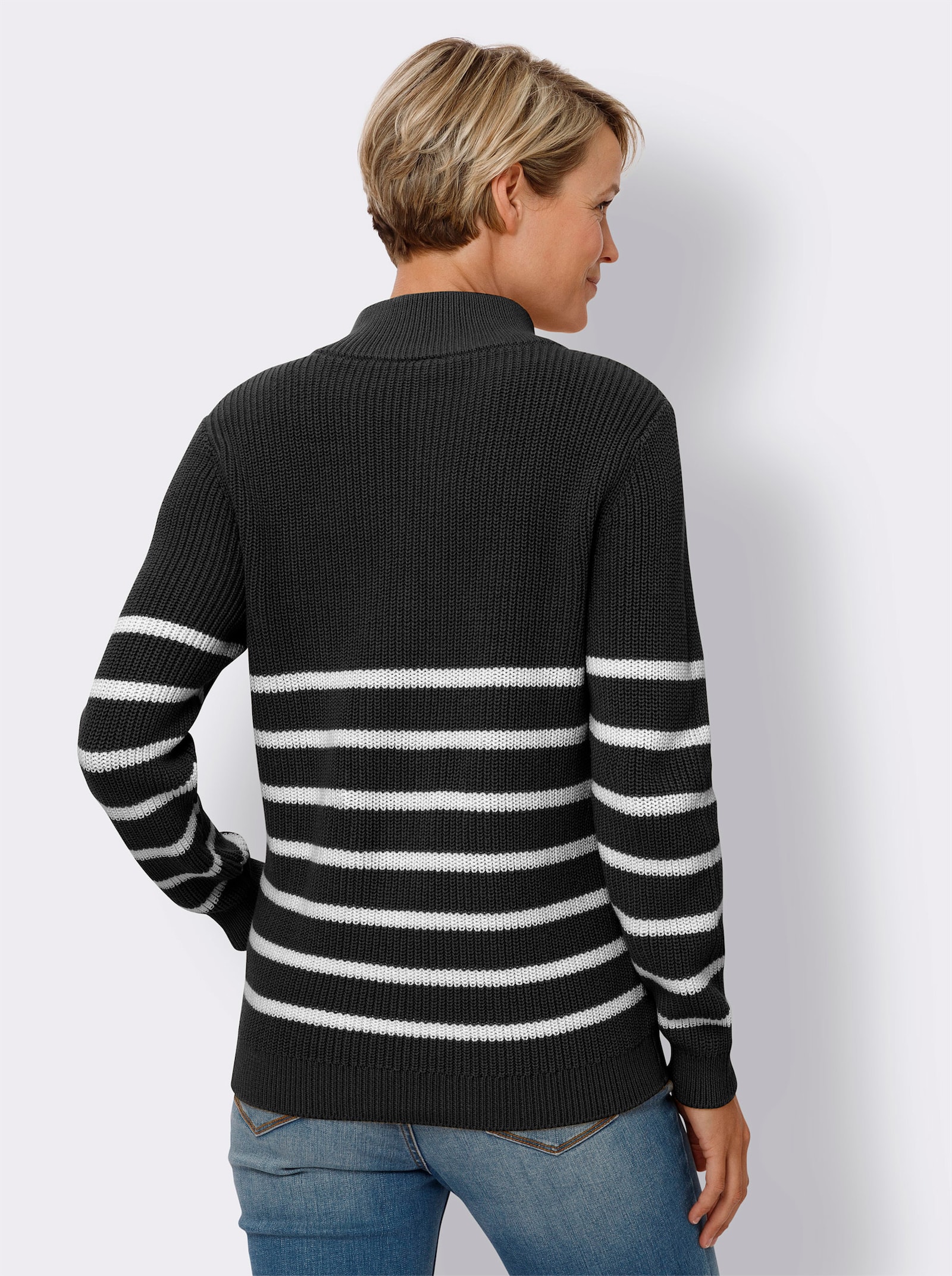 Tröja med halvpolo randig - svart-ecru, randig