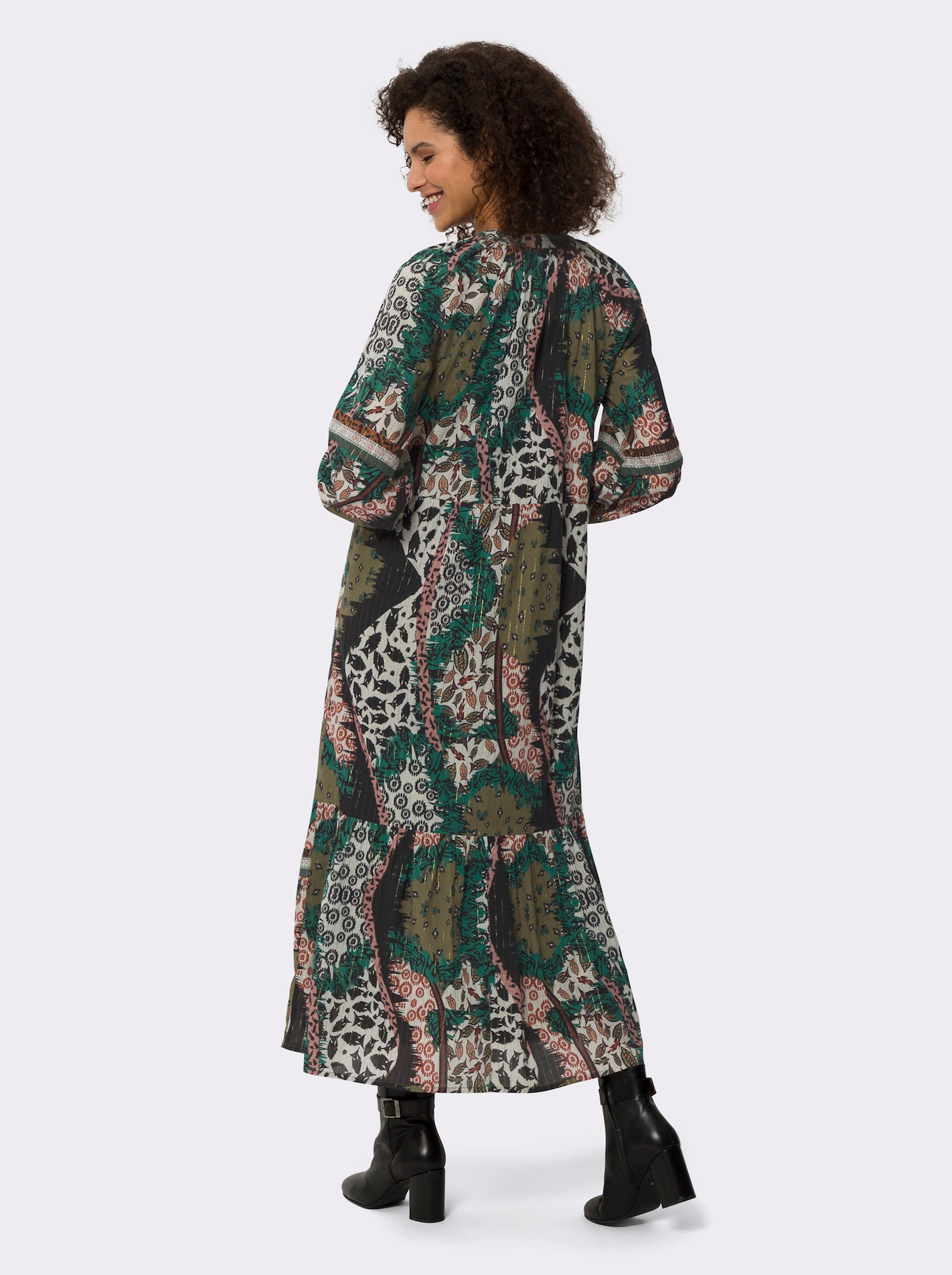 heine Jurk met print en balllonmouwen - marine/olijf bedrukt