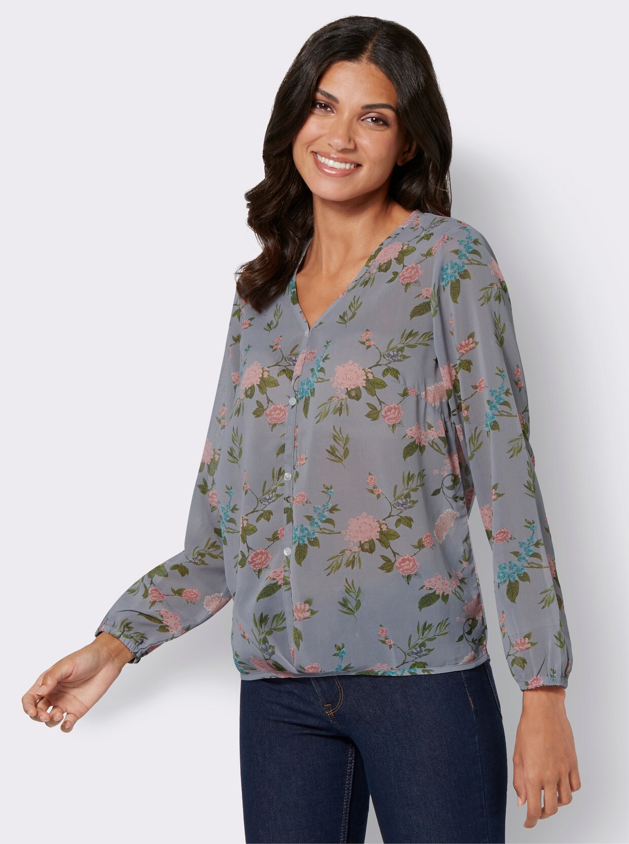 Comfortabele blouse - steengrijs bedrukt
