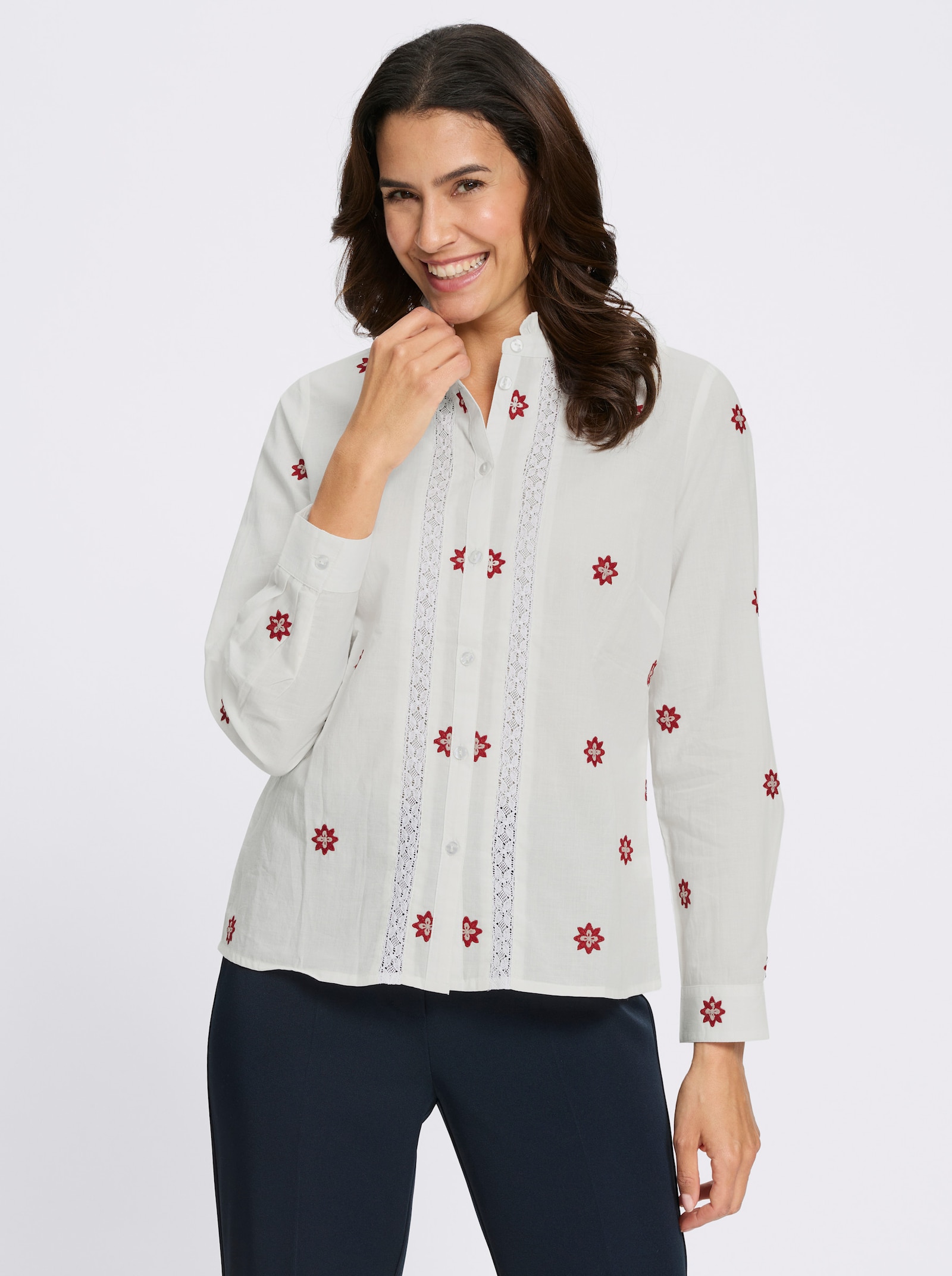 Spitzenbluse - ecru-dunkelrot-gemustert