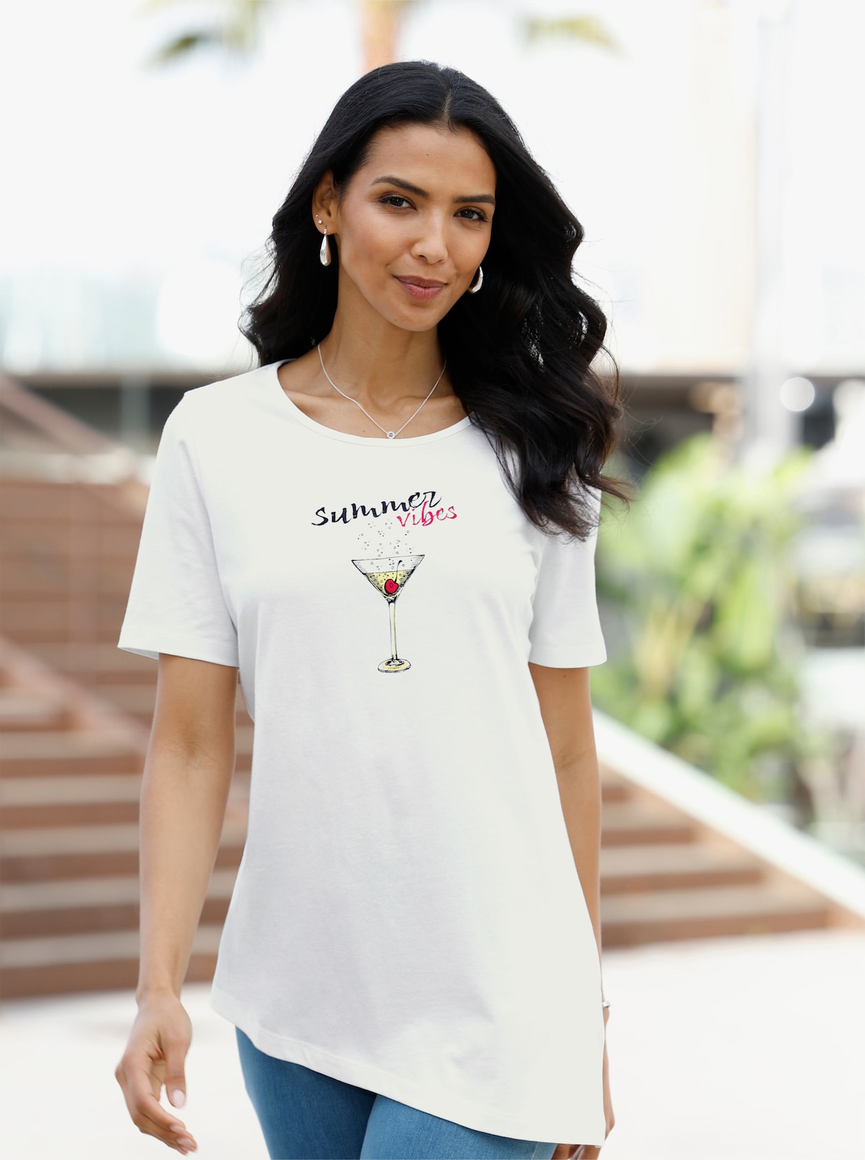 Tunikashirt mit schrägem Saum - ecru-pink