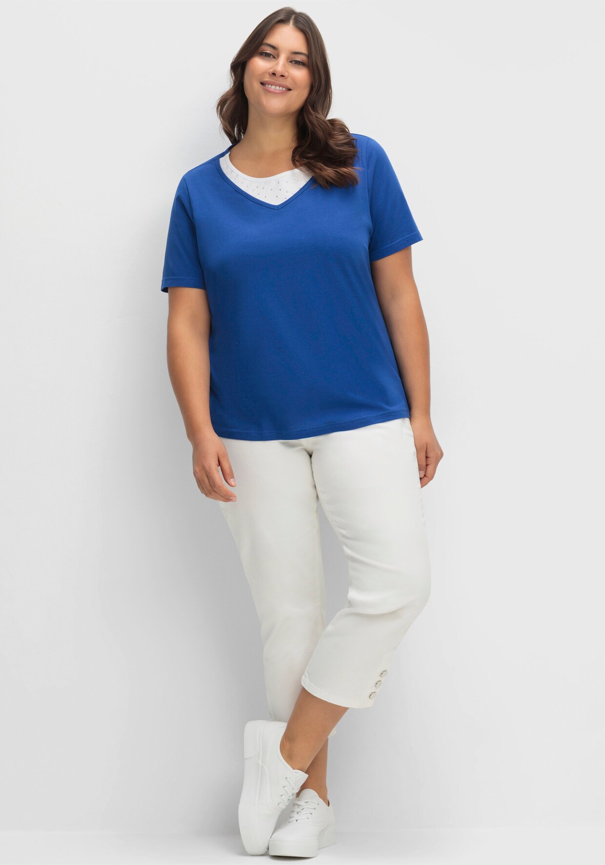 Kurzarmshirt mit Ziersteinchen - royalblau