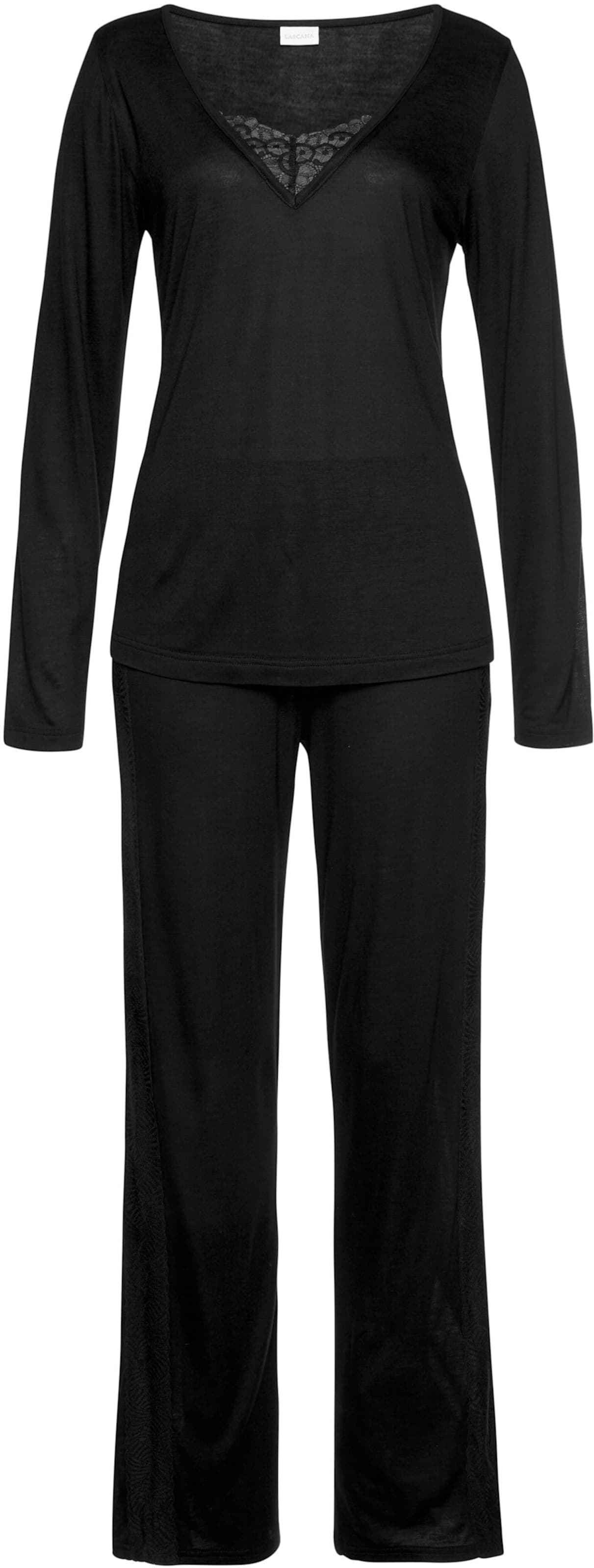Lange Bein günstig Kaufen-Pyjama in schwarz von LASCANA. Pyjama in schwarz von LASCANA <![CDATA[Pyjama Oberteil mit V-Ausschnitt und und Spitzendetails. Lange Hose mit geradem Bein und eingearbeiteter Spitze. Angenehme Viskosequalität.]]>. 