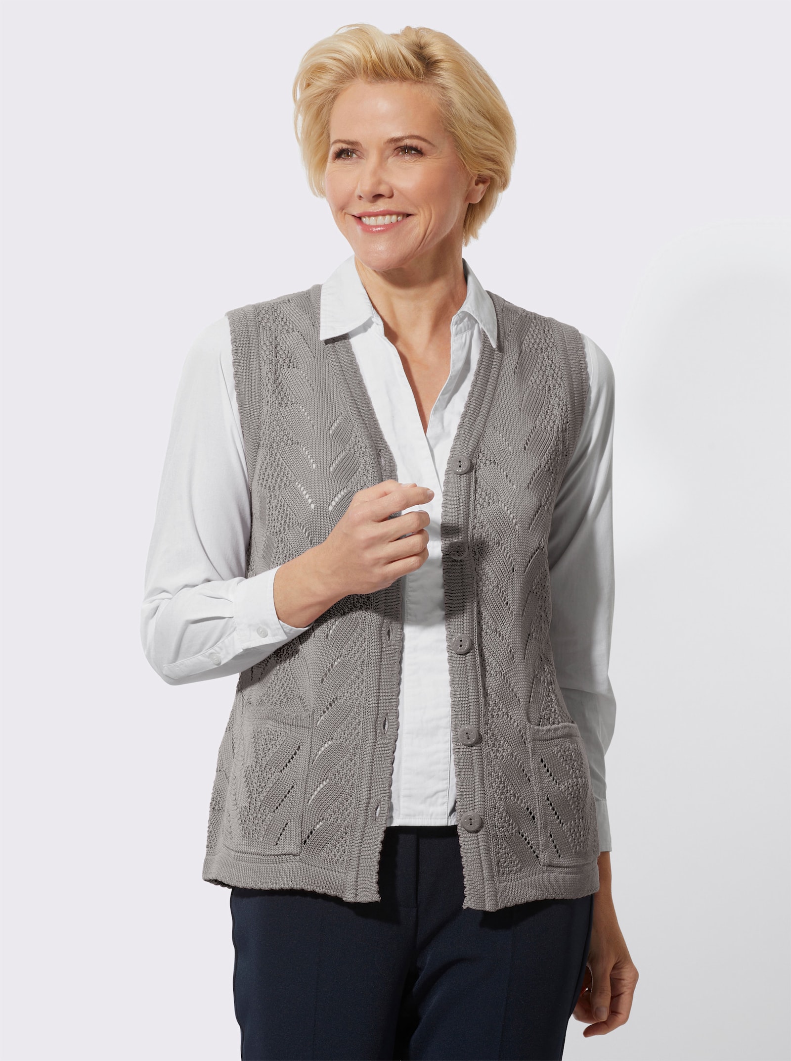 Strickweste mit gewellten Abschlüssen - steingrau