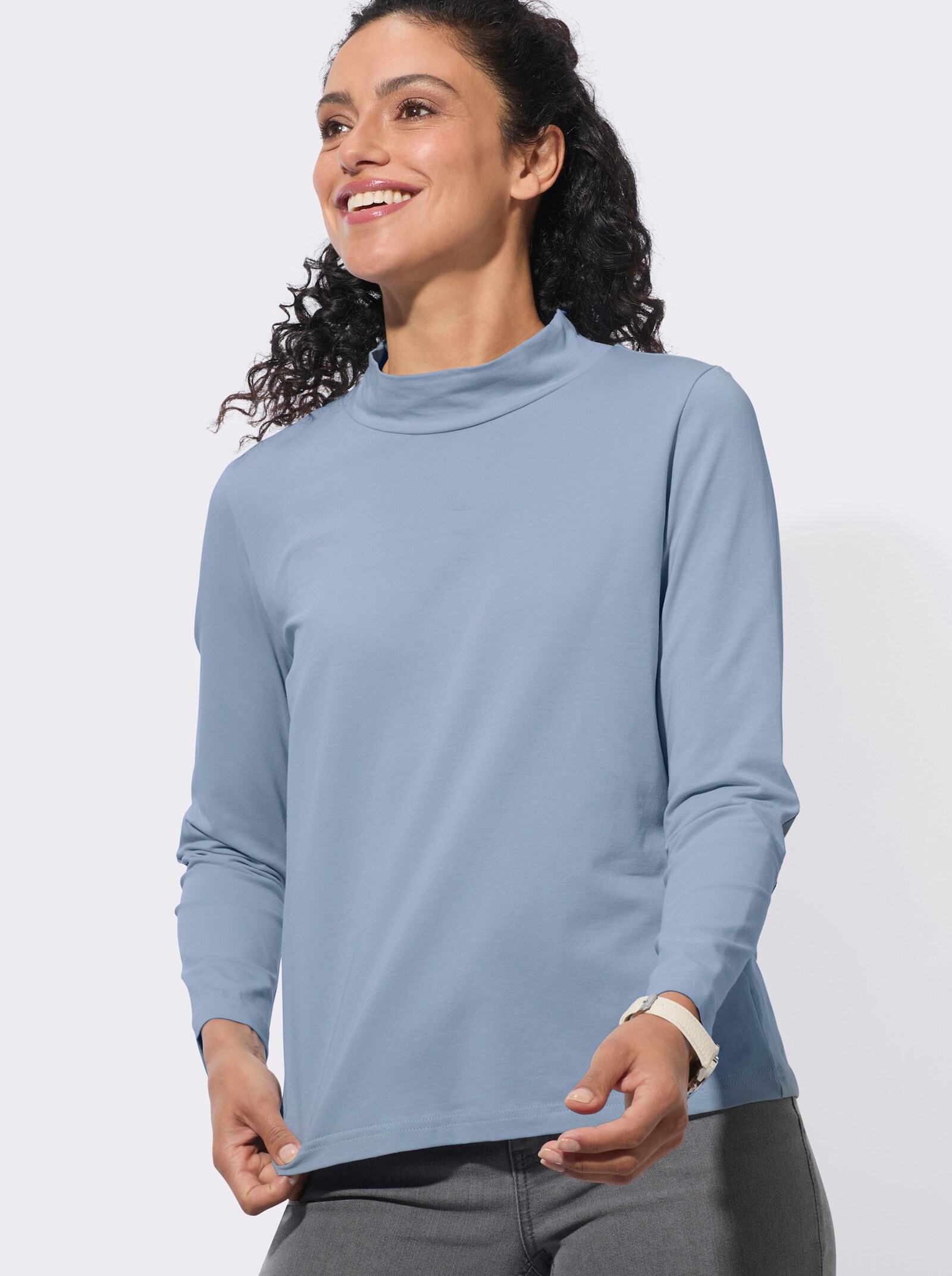 Stehkragenshirt mit Ellbogen-Patches in Jeans-Optik - bleu