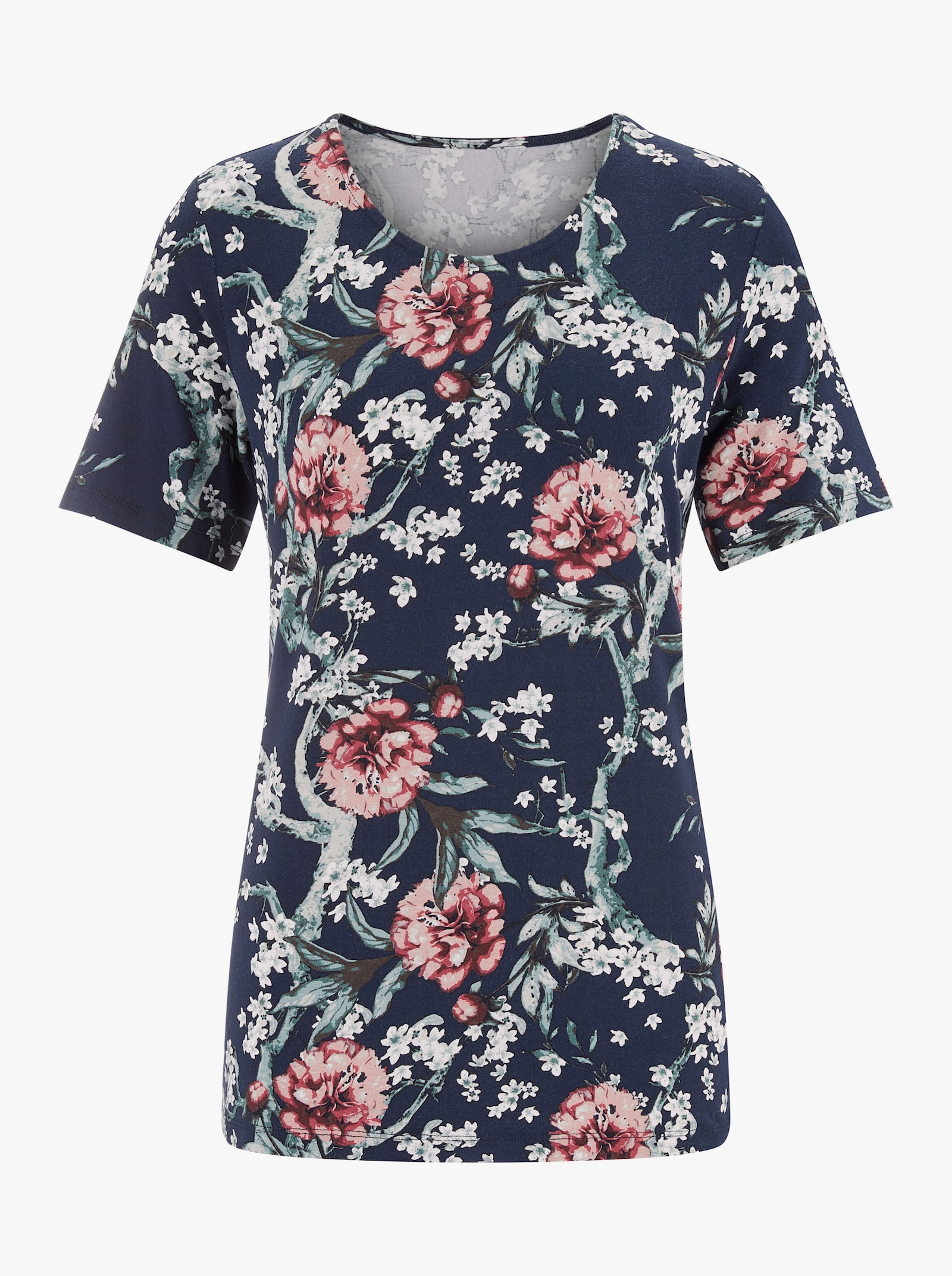 Shirt met ronde hals in bloemdessin - marine/mint bedrukt