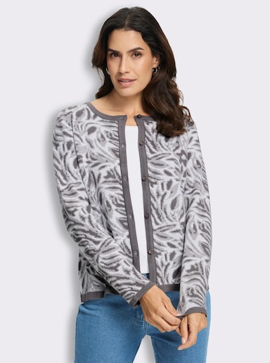 Jacquardstrickjacke mit floralem Allovermuster - anthrazit-ecru-gemustert