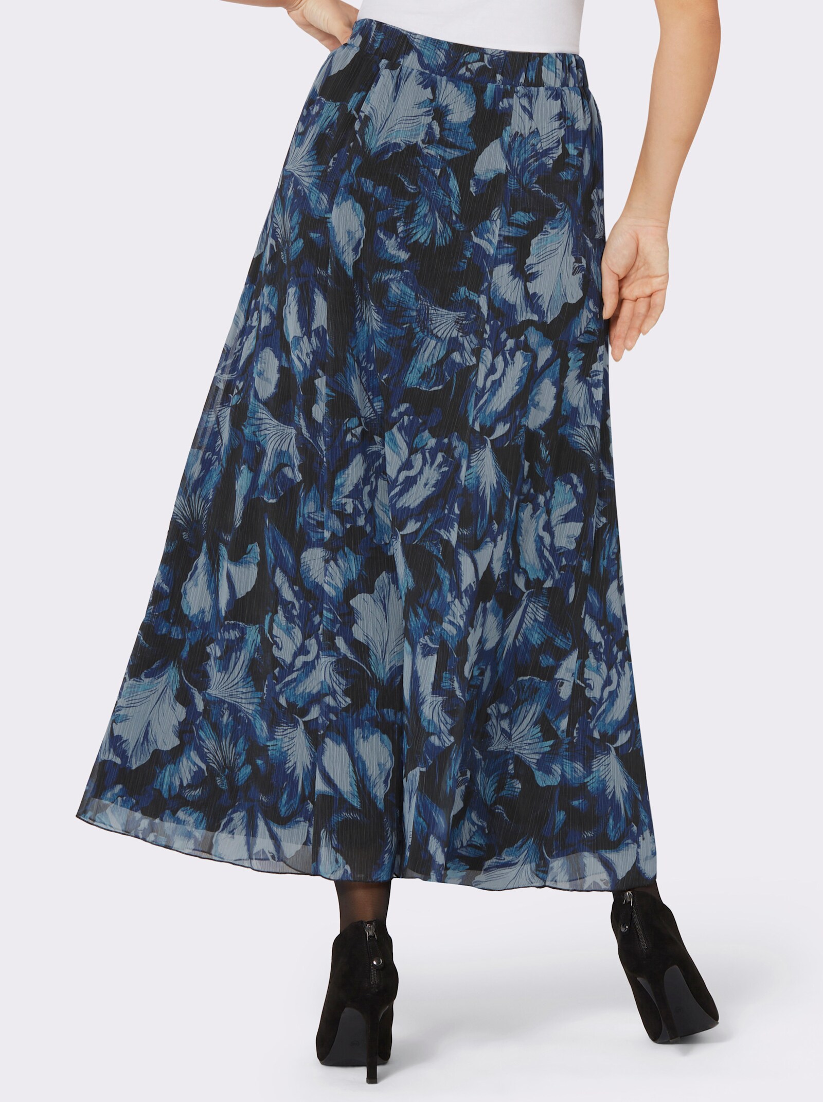 Webrock in Bahnenform, floral - schwarz-royalblau-bedruckt