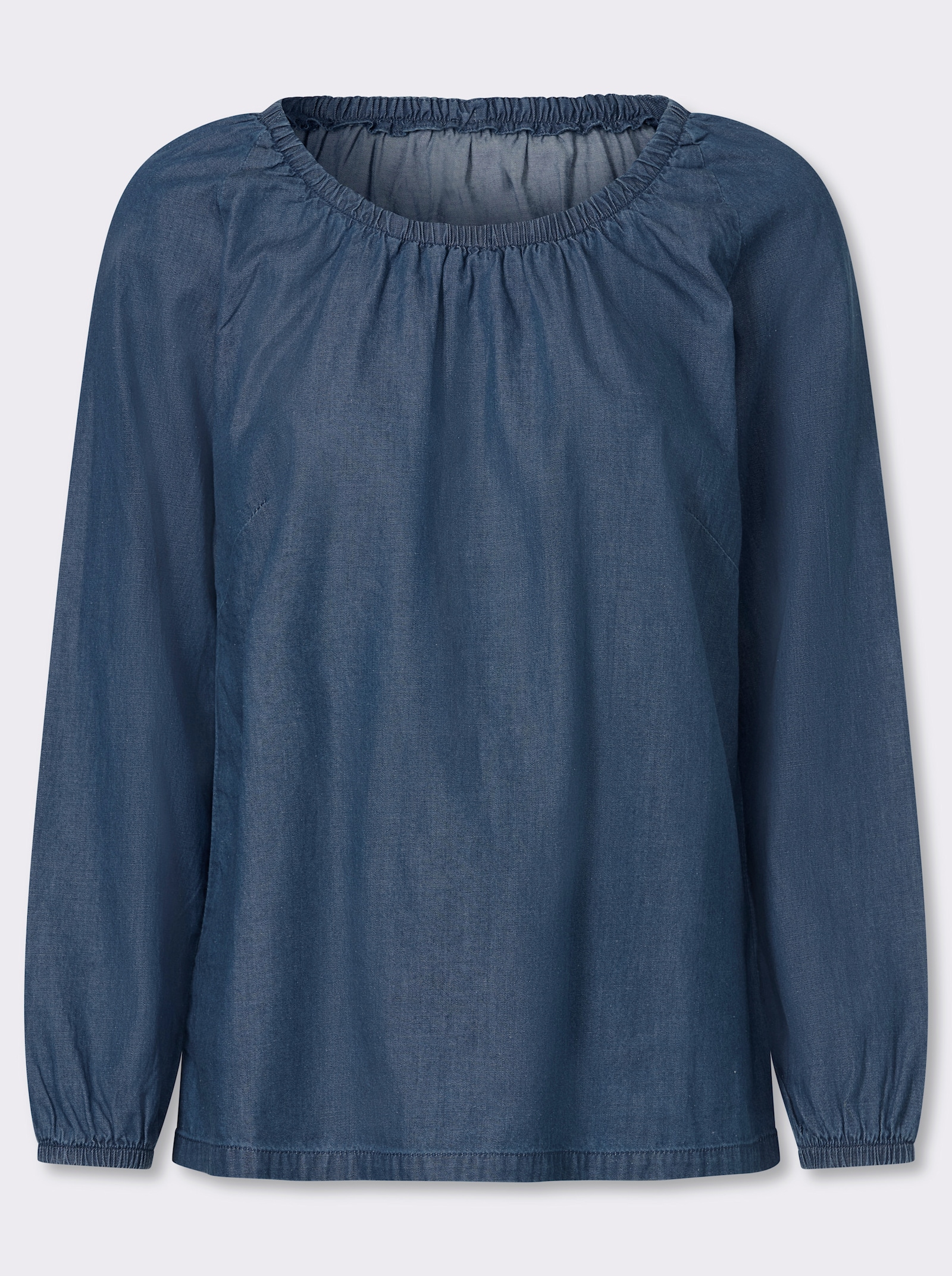 Jeansbluse mit Gummizug am Ausschnitt - blue-stone-washed