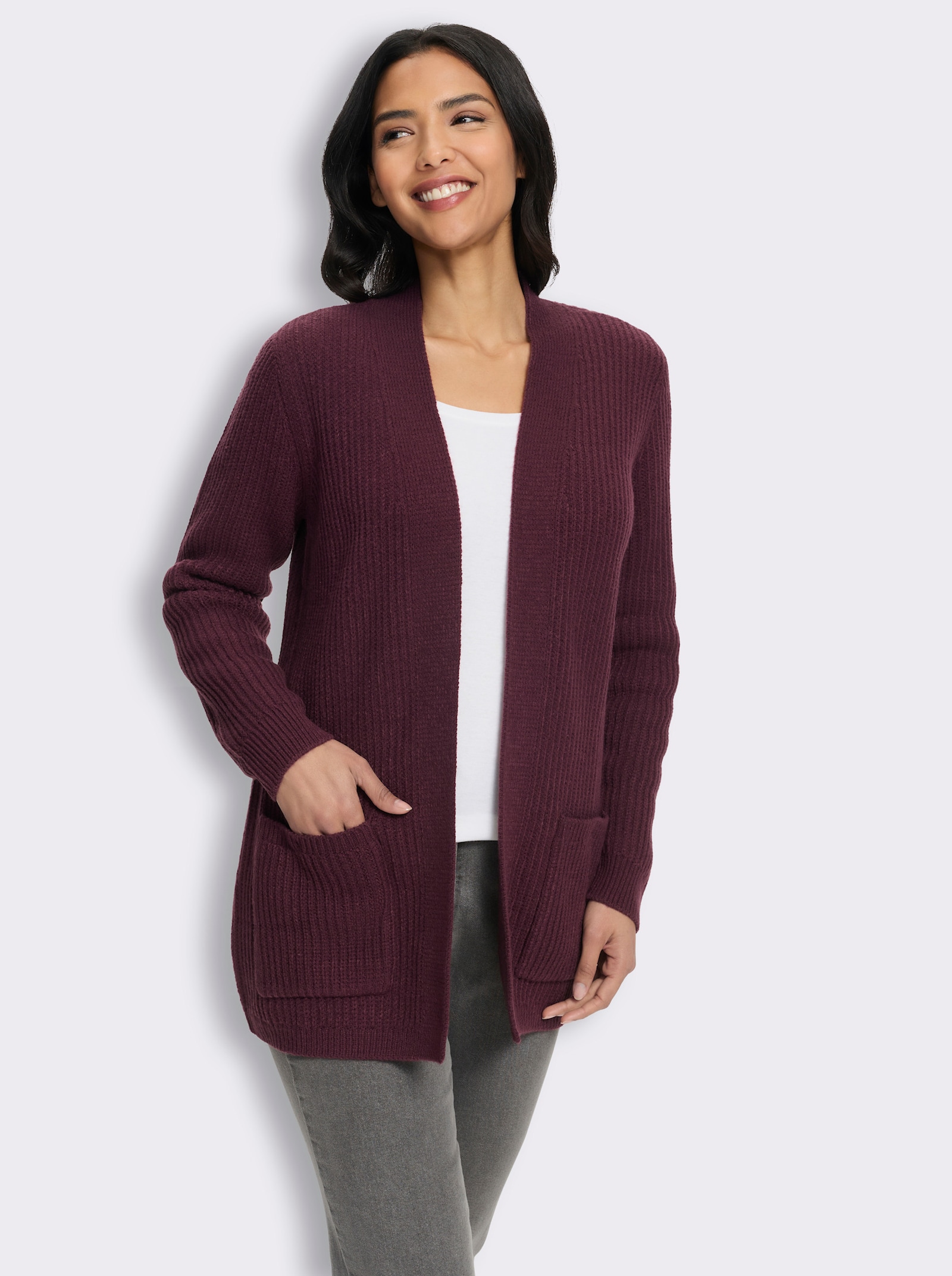 Strickjacke in gerippter Grobstrick-Optik - burgund