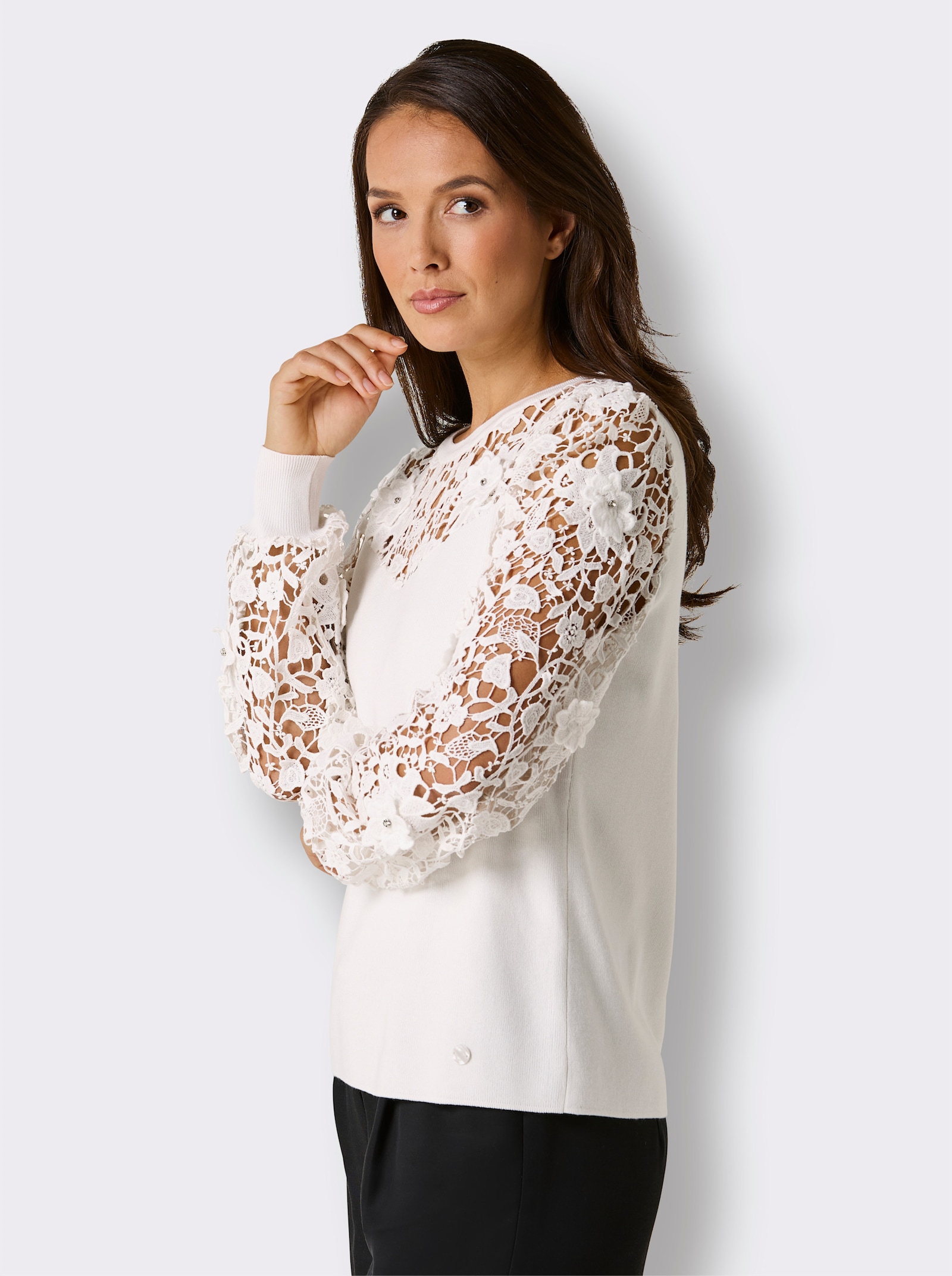 CREATION L PREMIUM Rundhalspullover mit Ballonärmeln aus Spitze - ecru