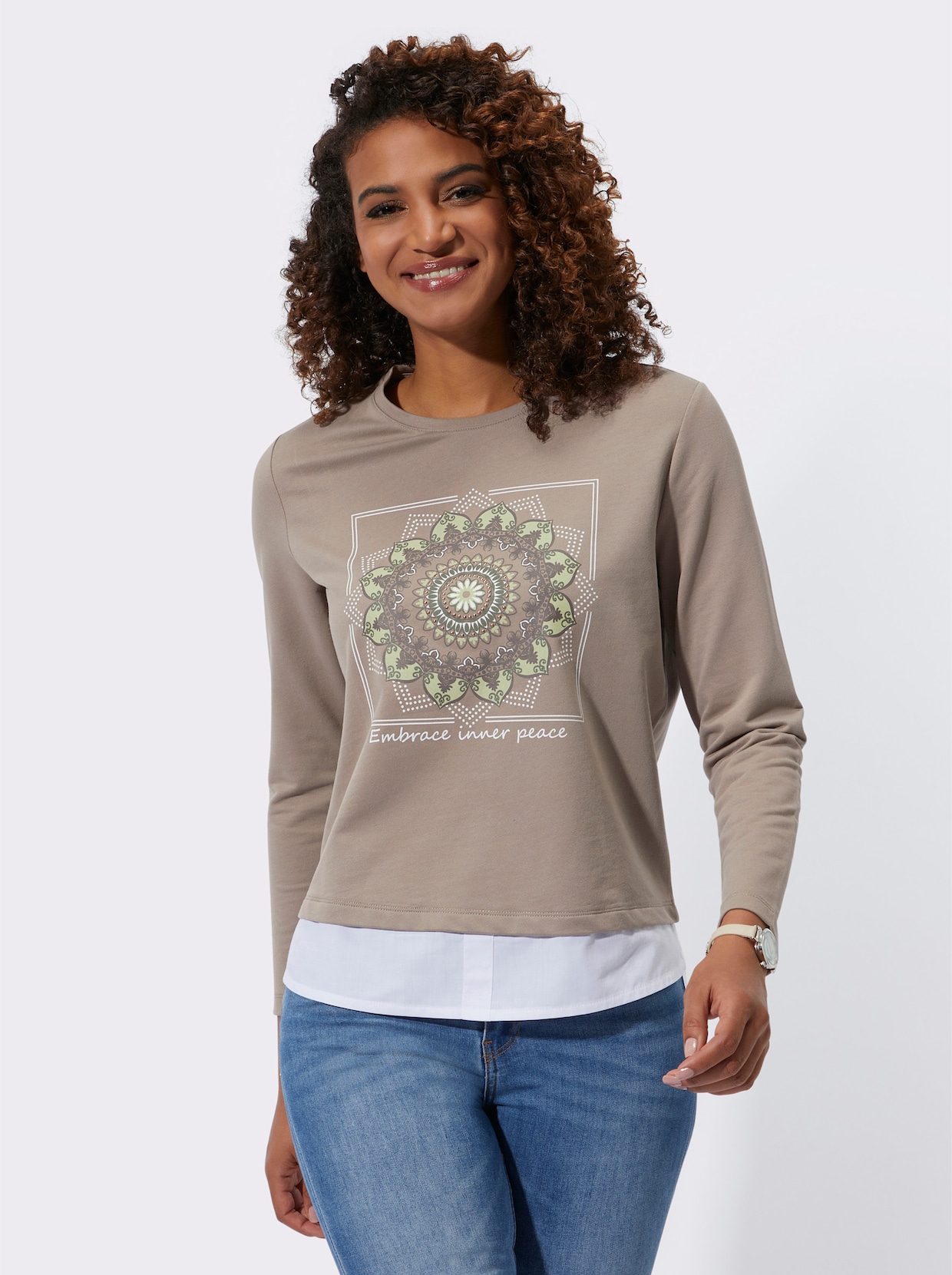 2-in-1-shirt met lange mouwen - taupe