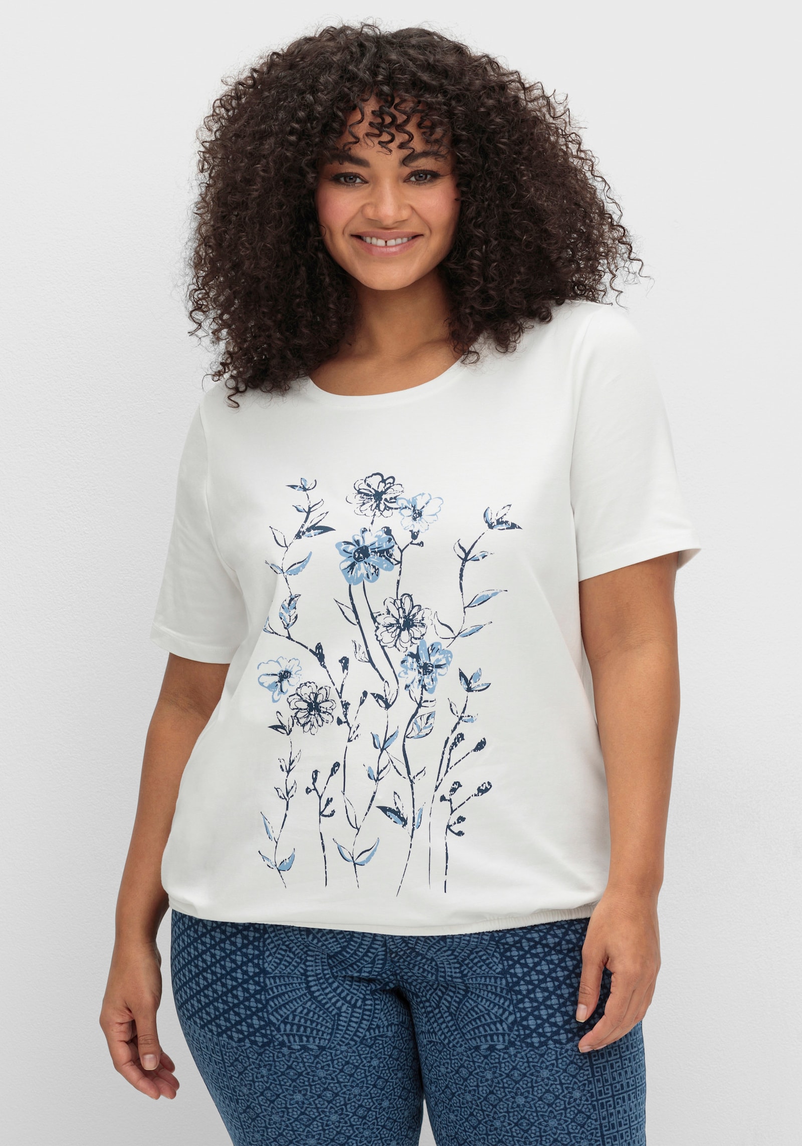 Print-Shirt mit Gummizug am Saum - weiß-bedruckt