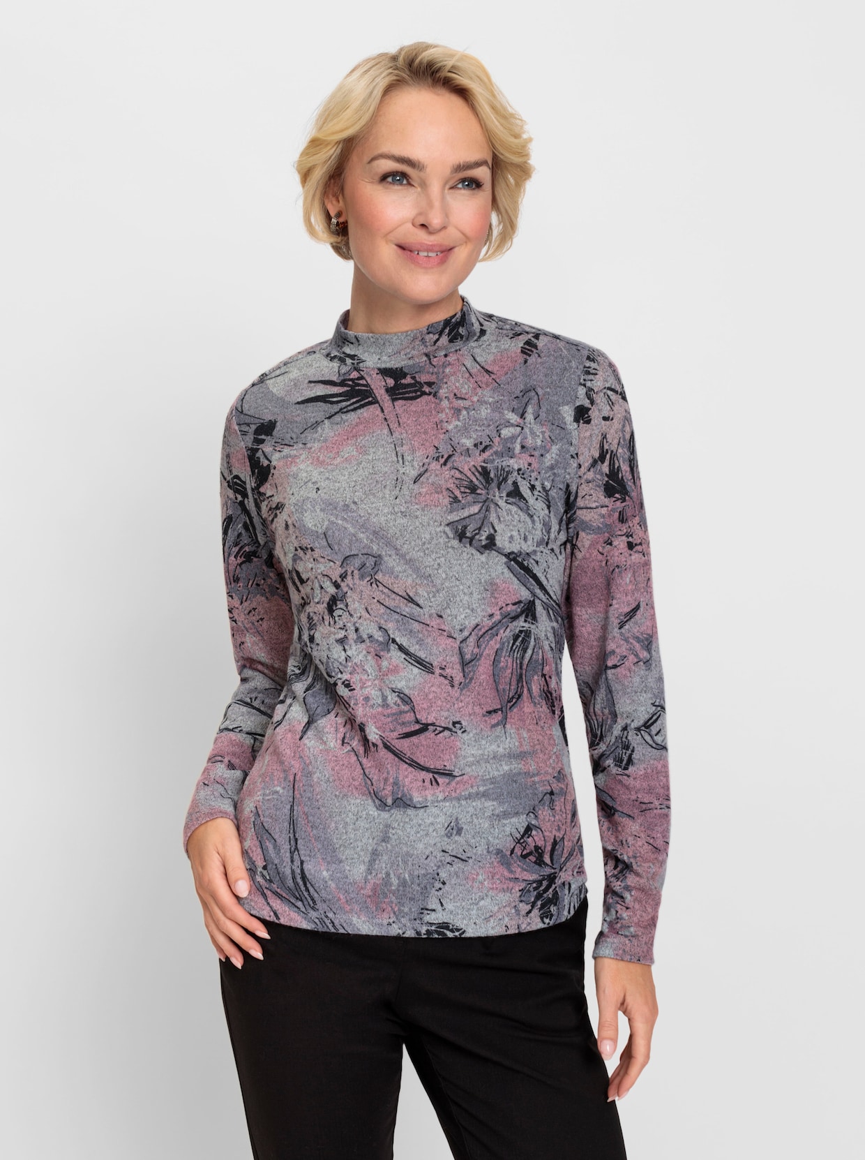 Stehkragenshirt - steingrau-altrosa-bedruckt
