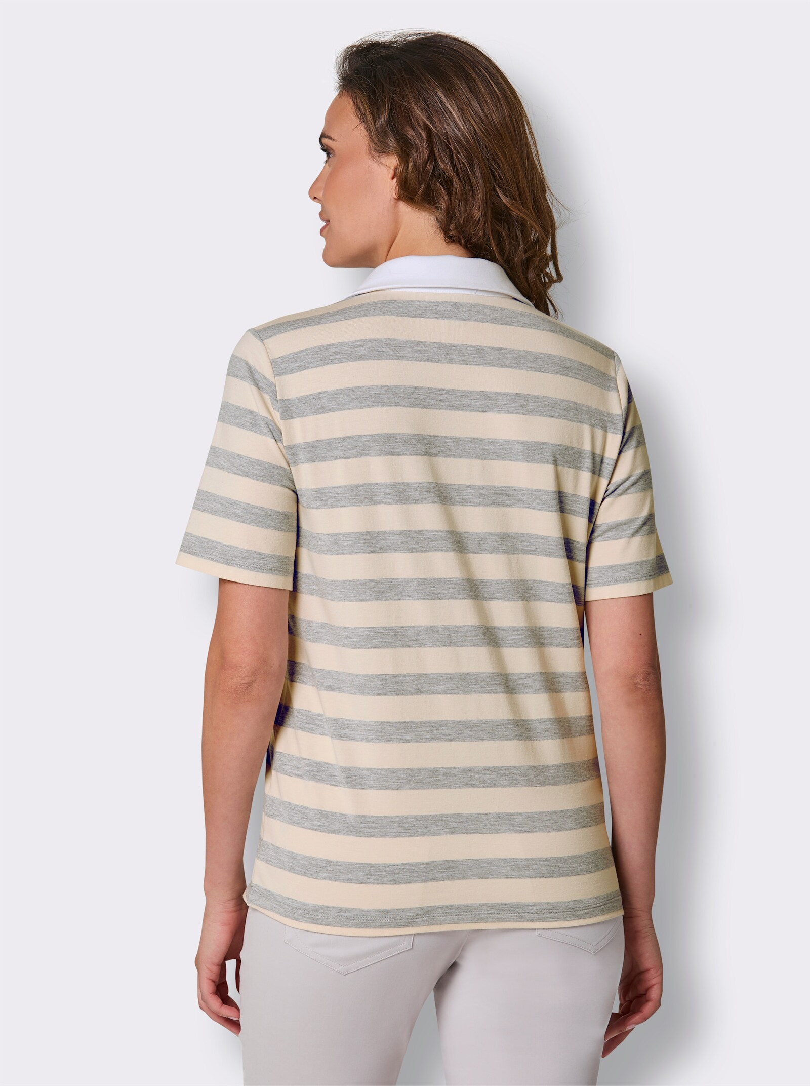 CREATION L PREMIUM Poloshirt mit Schmucksteinchen - hellgrau-champagner-geringelt