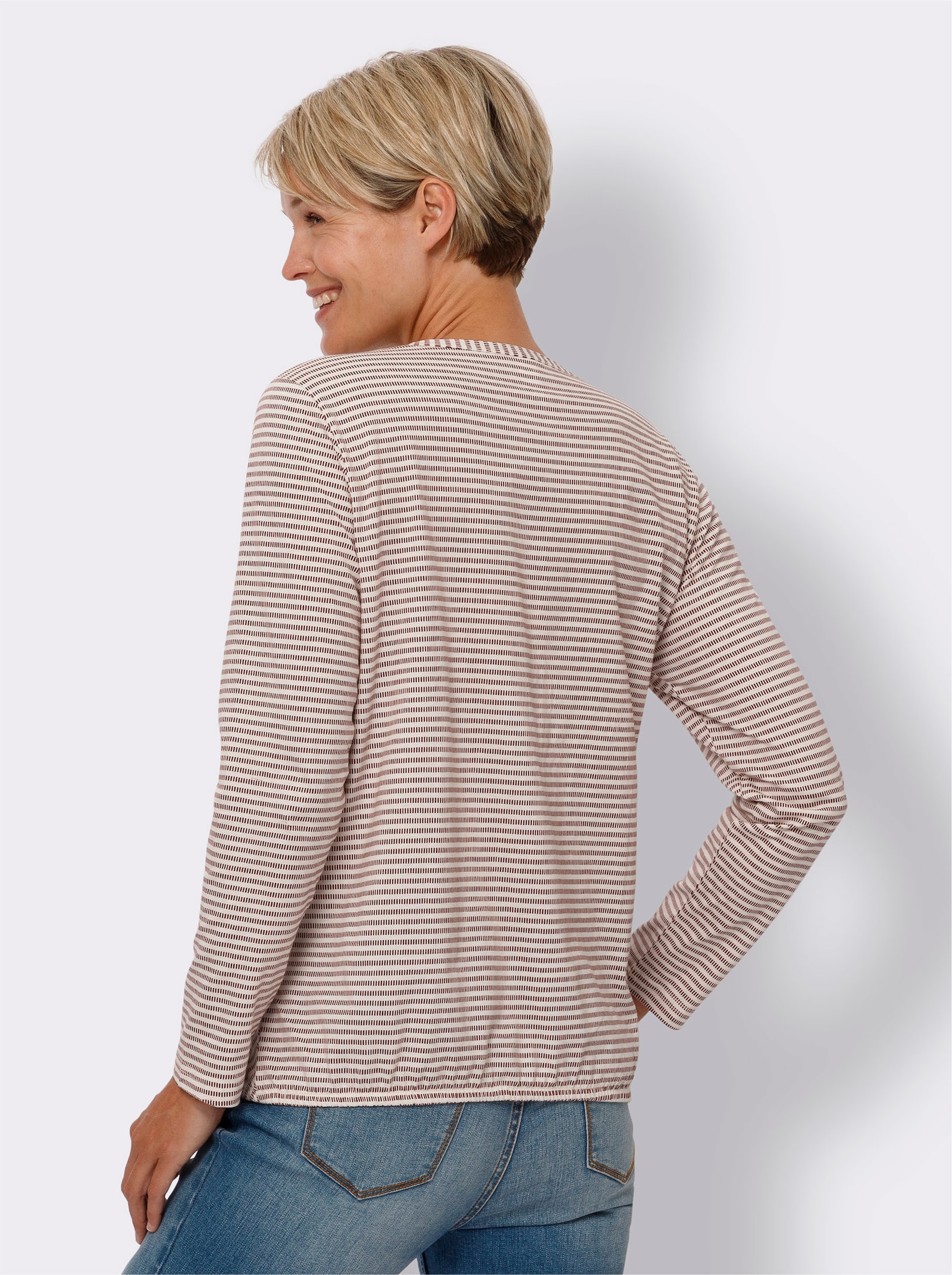 Tričko s dlouhým rukávem s decentním proužkovaným vzorem - červenohnědá-šampaňská-proužek