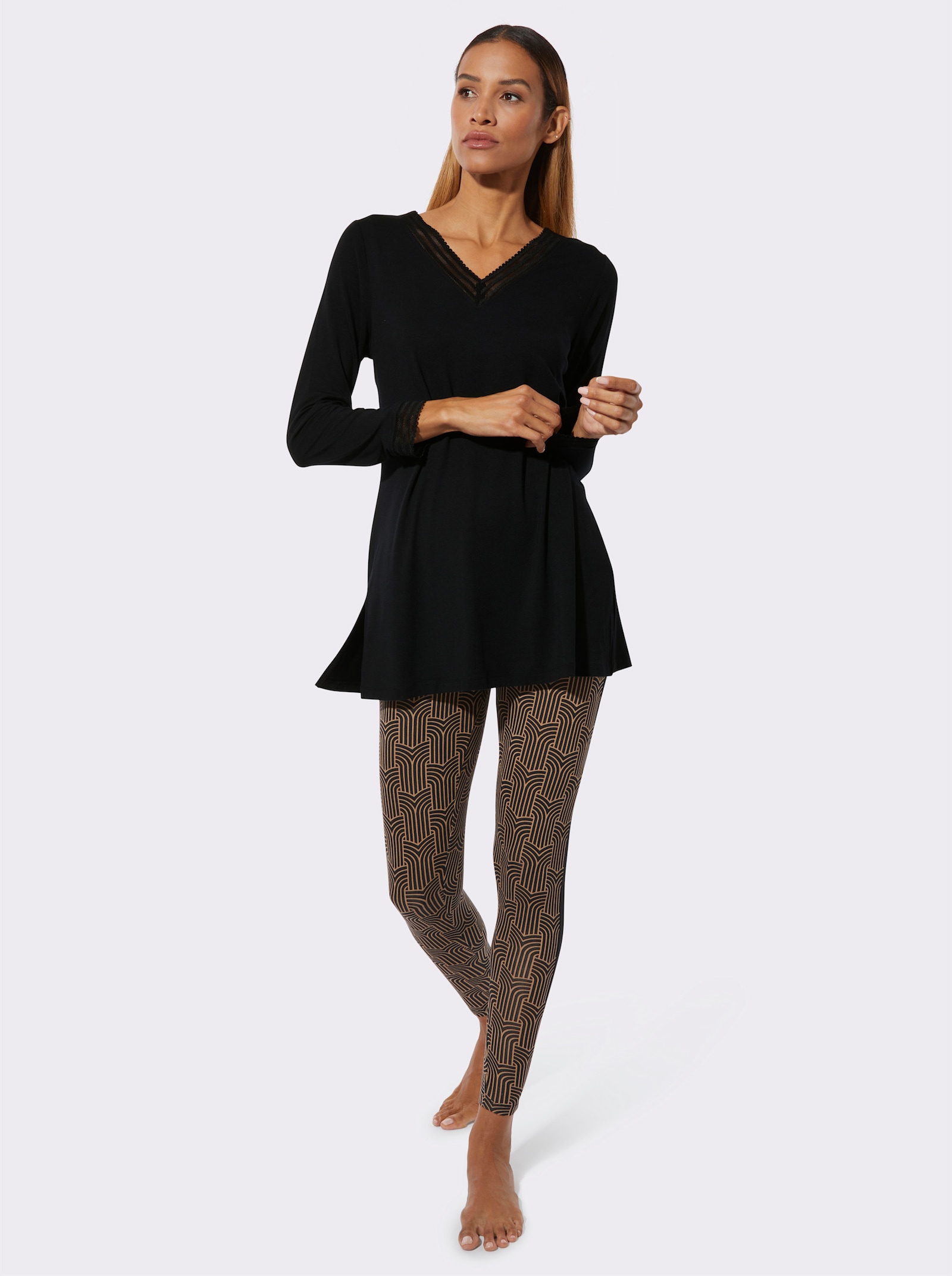 wäschepur Pyjama - zwart/camel bedrukt
