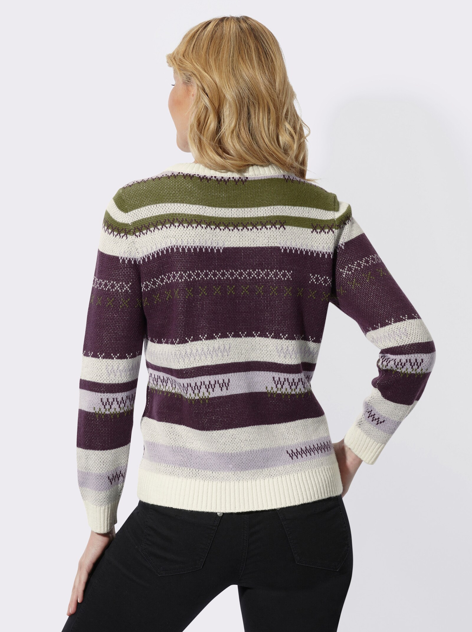 Jacquard-Pullover mit Strickmuster - aubergine-oliv-gemustert
