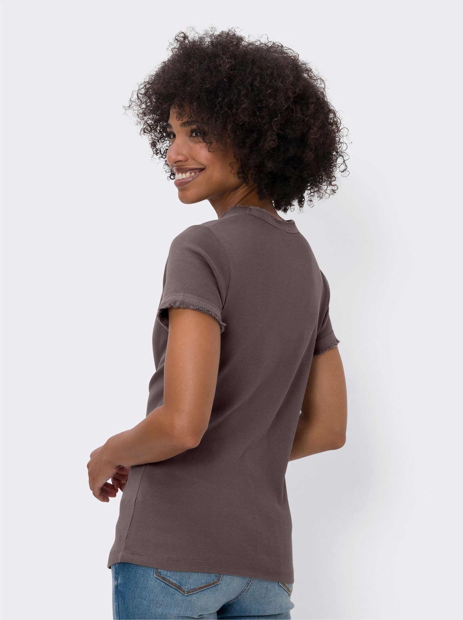 heine V-Shirt mit Fransen-Kante - dunkeltaupe