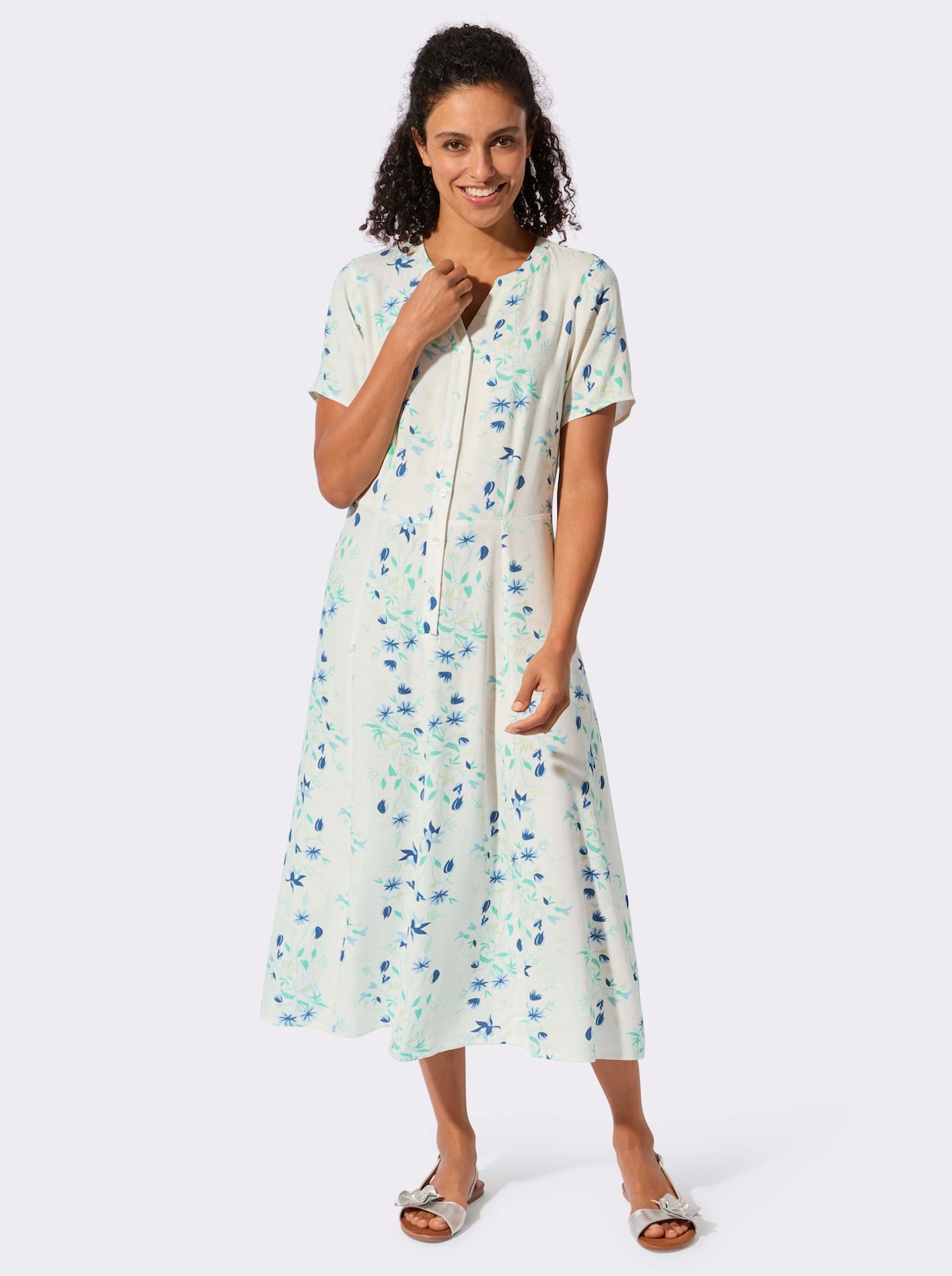 Webkleid - ecru-blaugrün-bedruckt