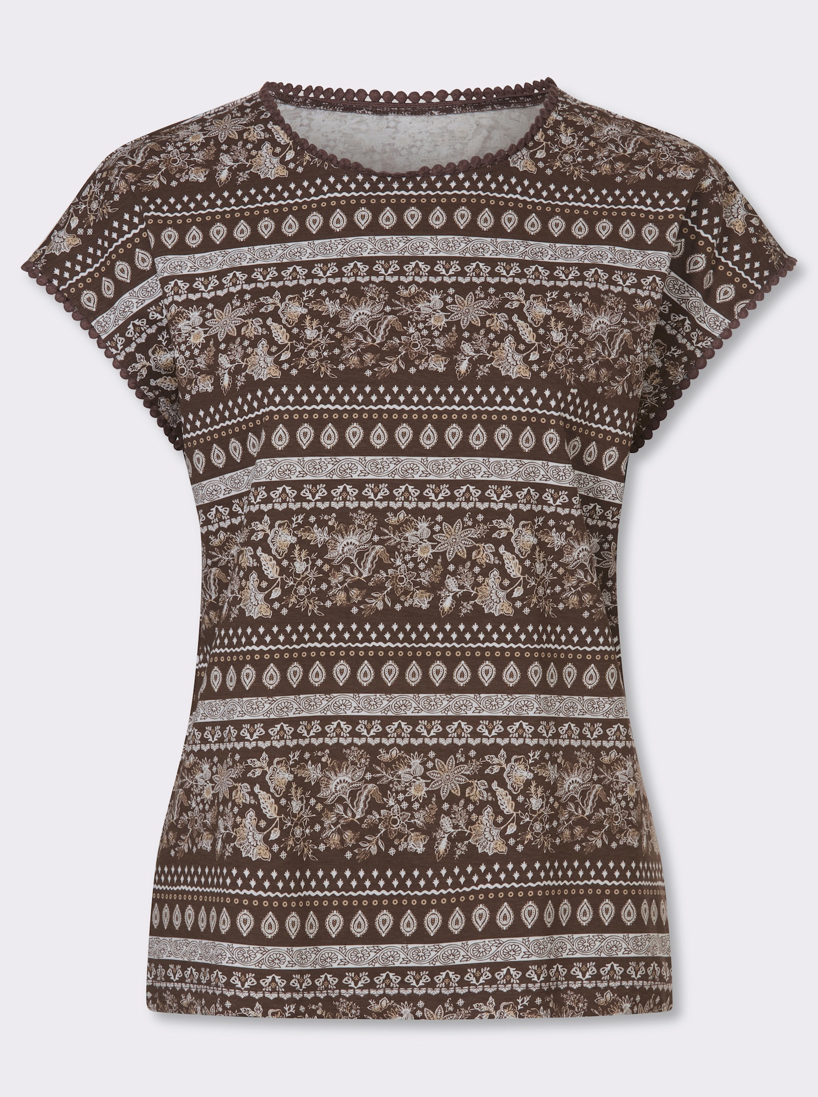 Kurzarmshirt mit überschnittenen Schultern - schoko-beige-bedruckt