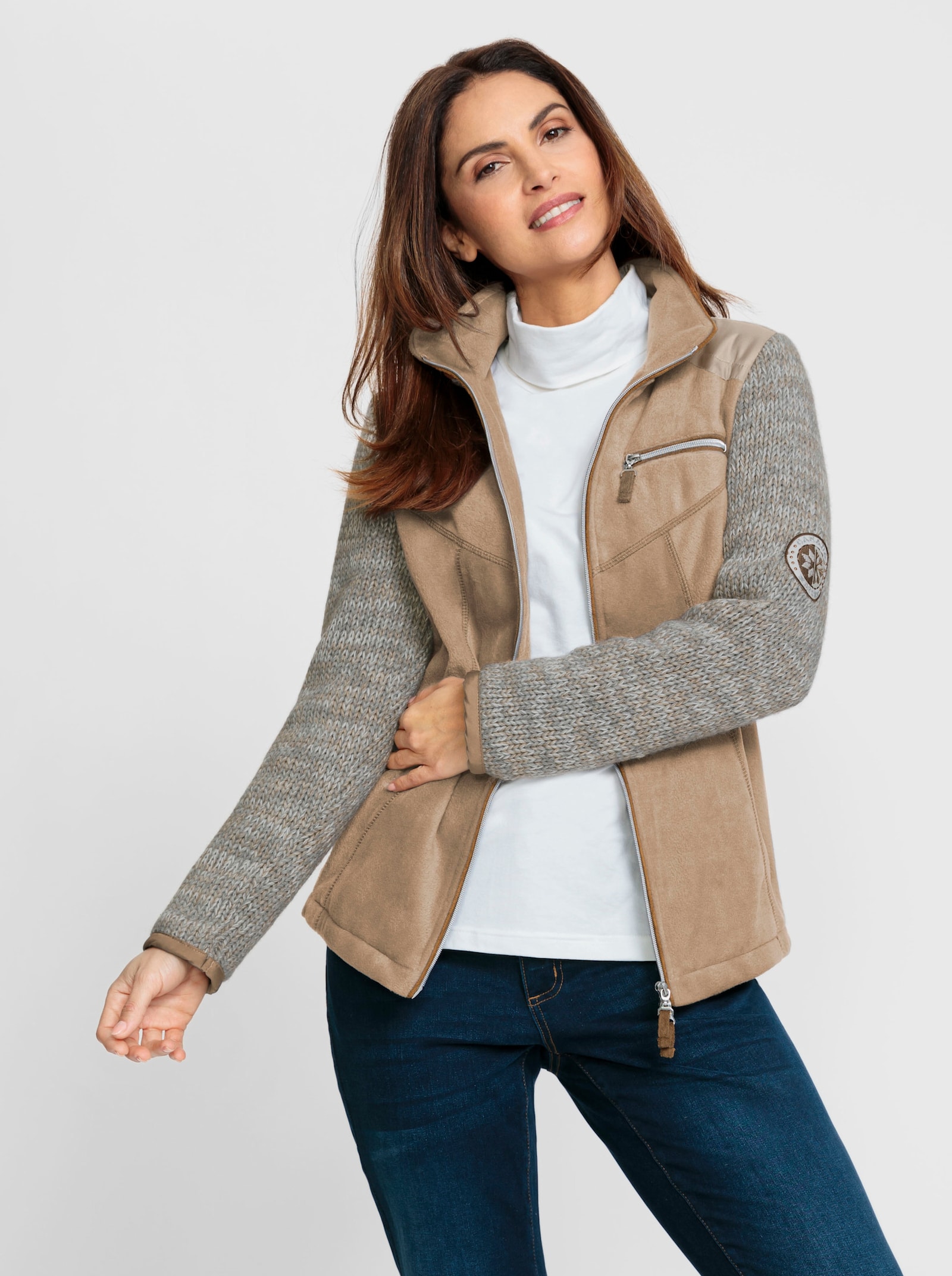 Fleecejacke im Mix aus Fleece und Strick - sand-meliert