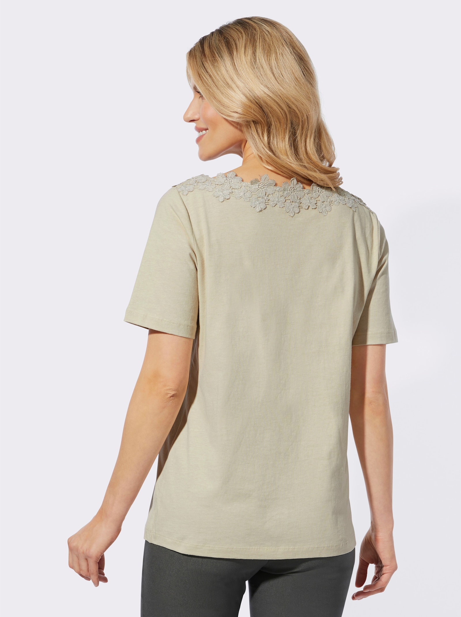 Shirt met korte mouwen en kant bij de boothals - zand