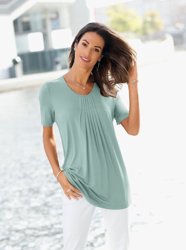 Rundhalsshirt in A-Form mit Falten - mint