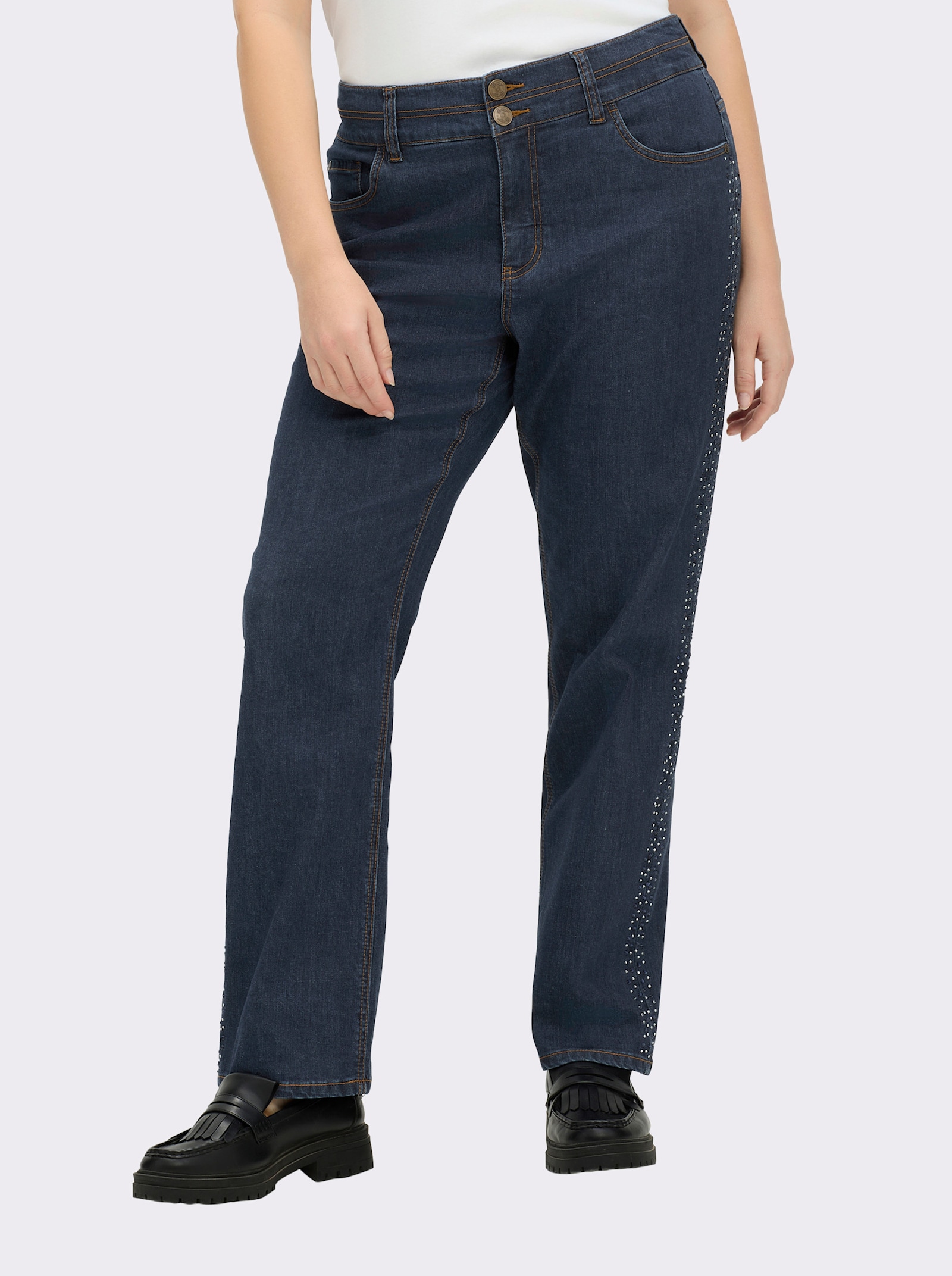 sheego Gerade Jeans mit Glitzersteinchen seitlich - dark blue