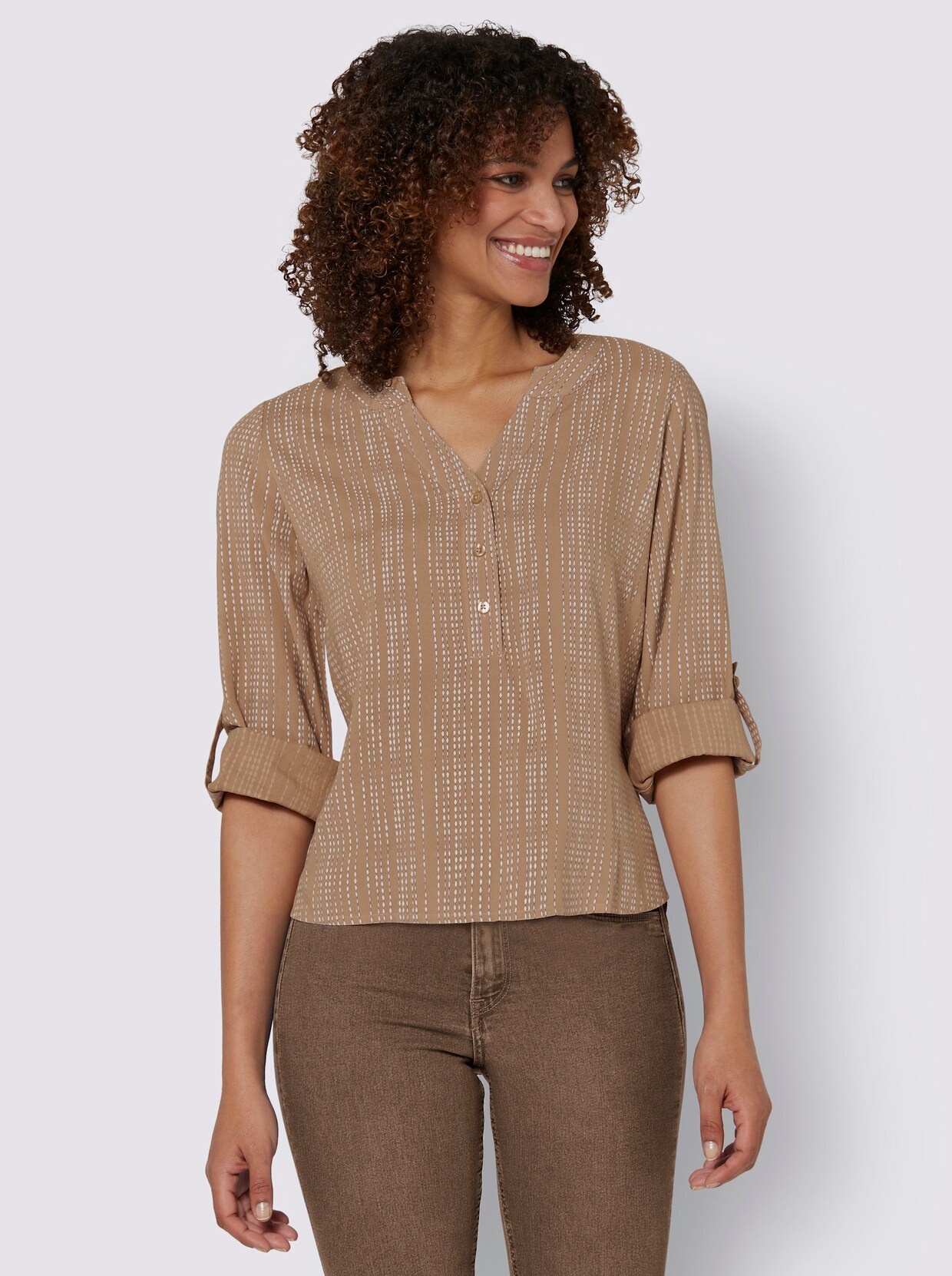 Schlupfbluse - champagner-camel-bedruckt