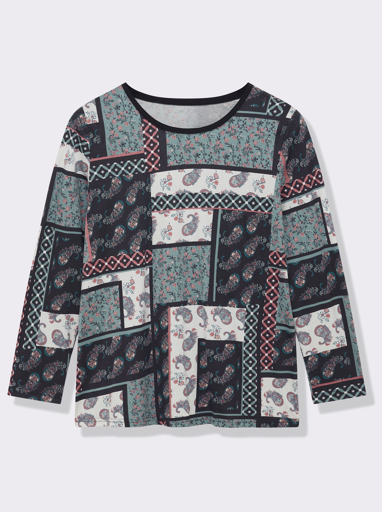 Langarmshirt im Patchwork-Dessin - wintertürkis-bedruckt