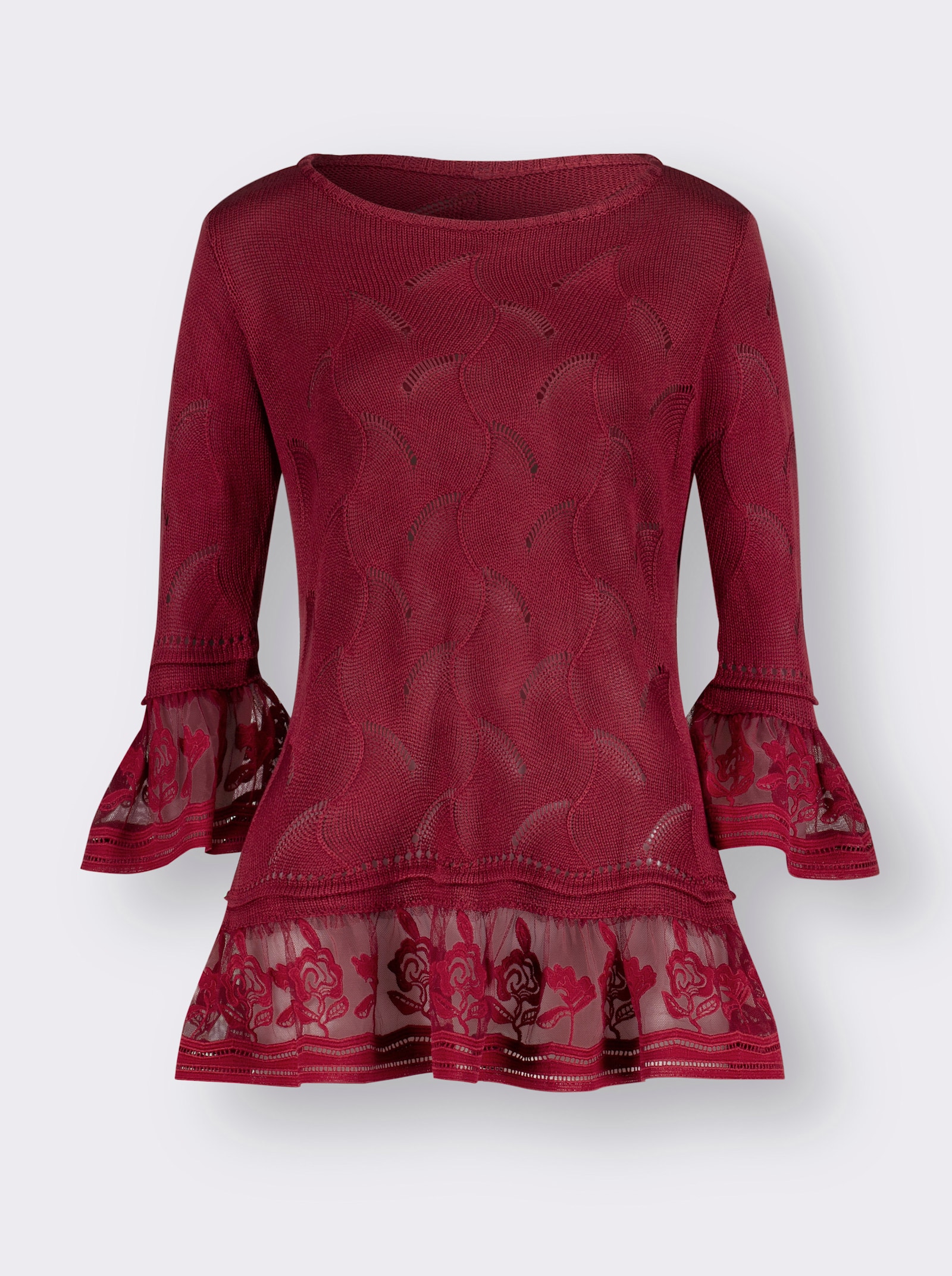 Longpullover mit Spitzenbesatz - kirsche