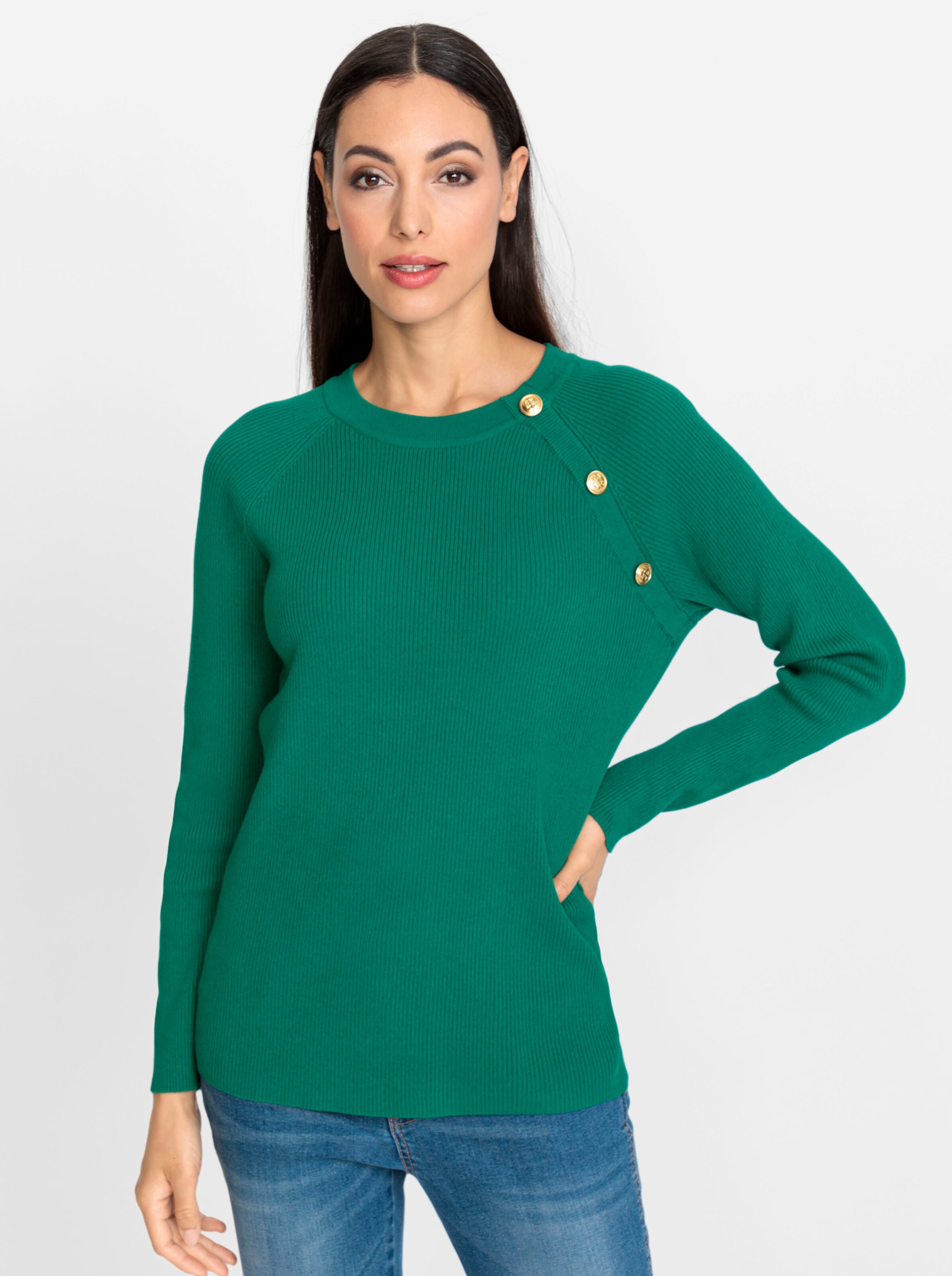 Love Over günstig Kaufen-Pullover in grün von heine. Pullover in grün von heine <![CDATA[Pullover Angenehm auf der Haut, in feinem Rippenstrick. Mit dekorativen goldfarbenen Zierknöpfen, Rundhalsausschnitt und Langarm.]]>. 