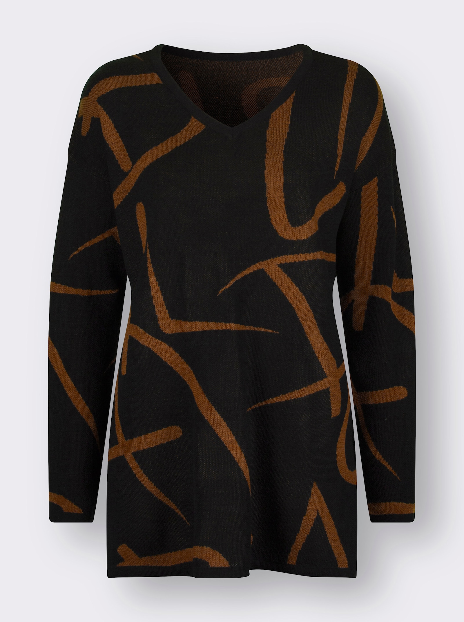 Longpullover mit Seitenschlitzen - schwarz-cognac-gemustert