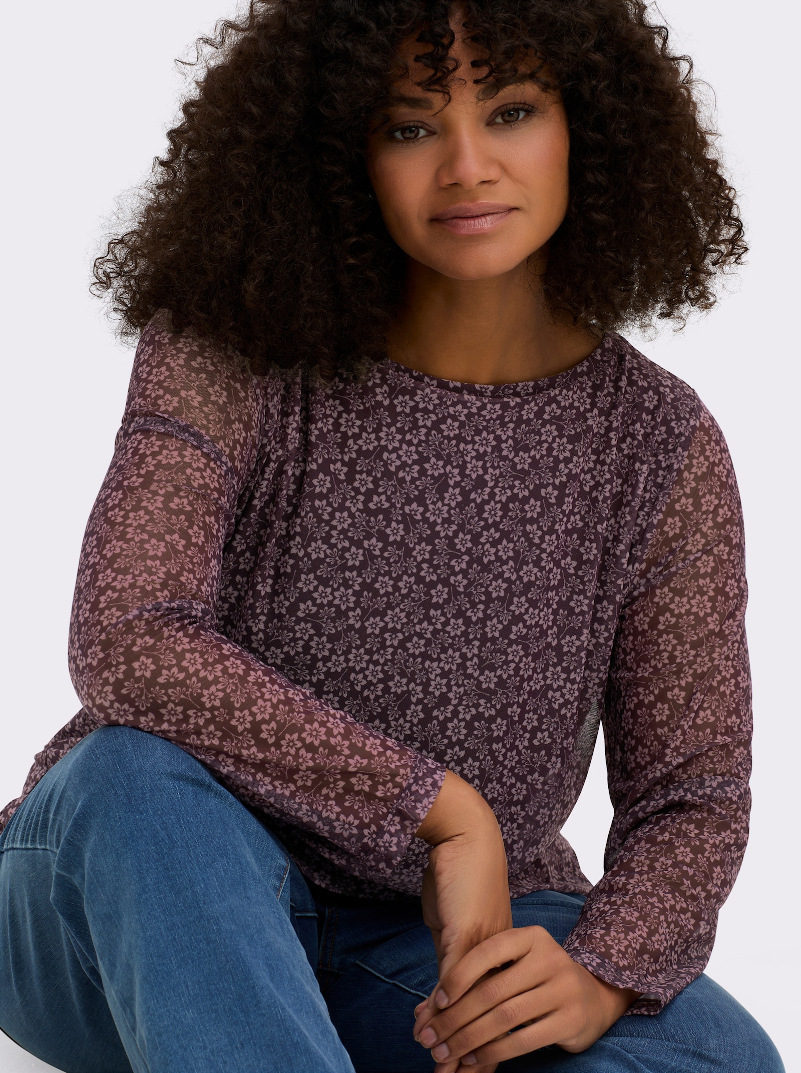 sheego Shirt met lange mouwen van mesh, met bloemetjesprint - aubergine/mauve bedrukt