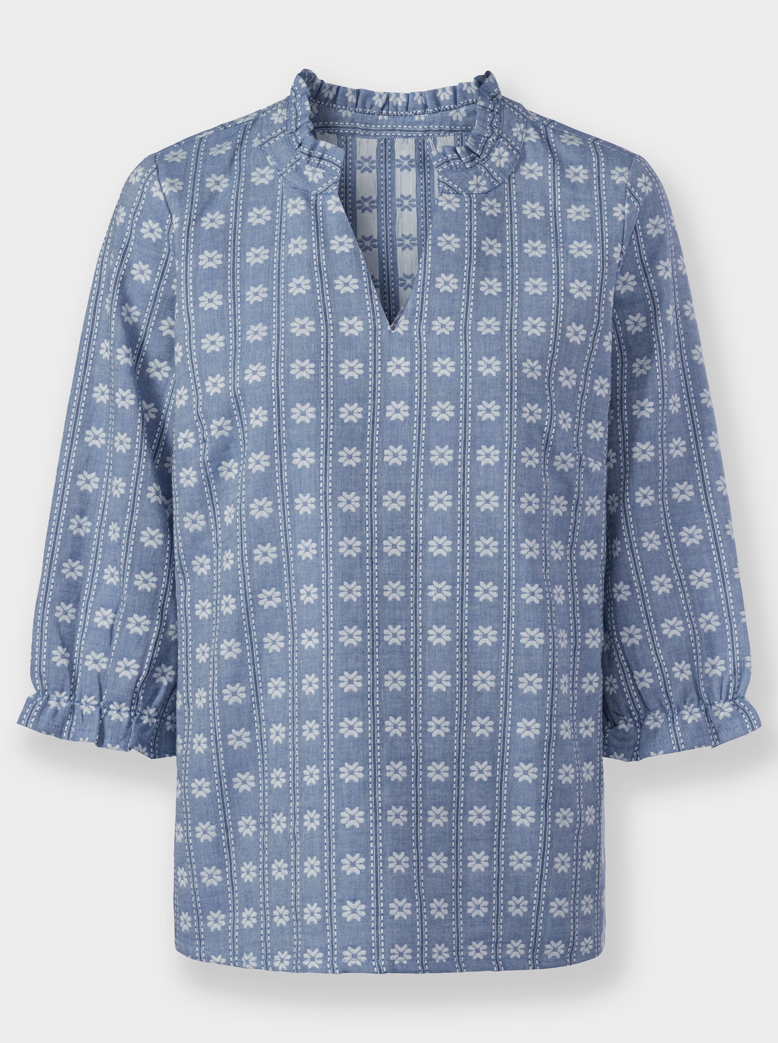 Schlupfbluse mit Rüschen-Details - jeansblau-gemustert