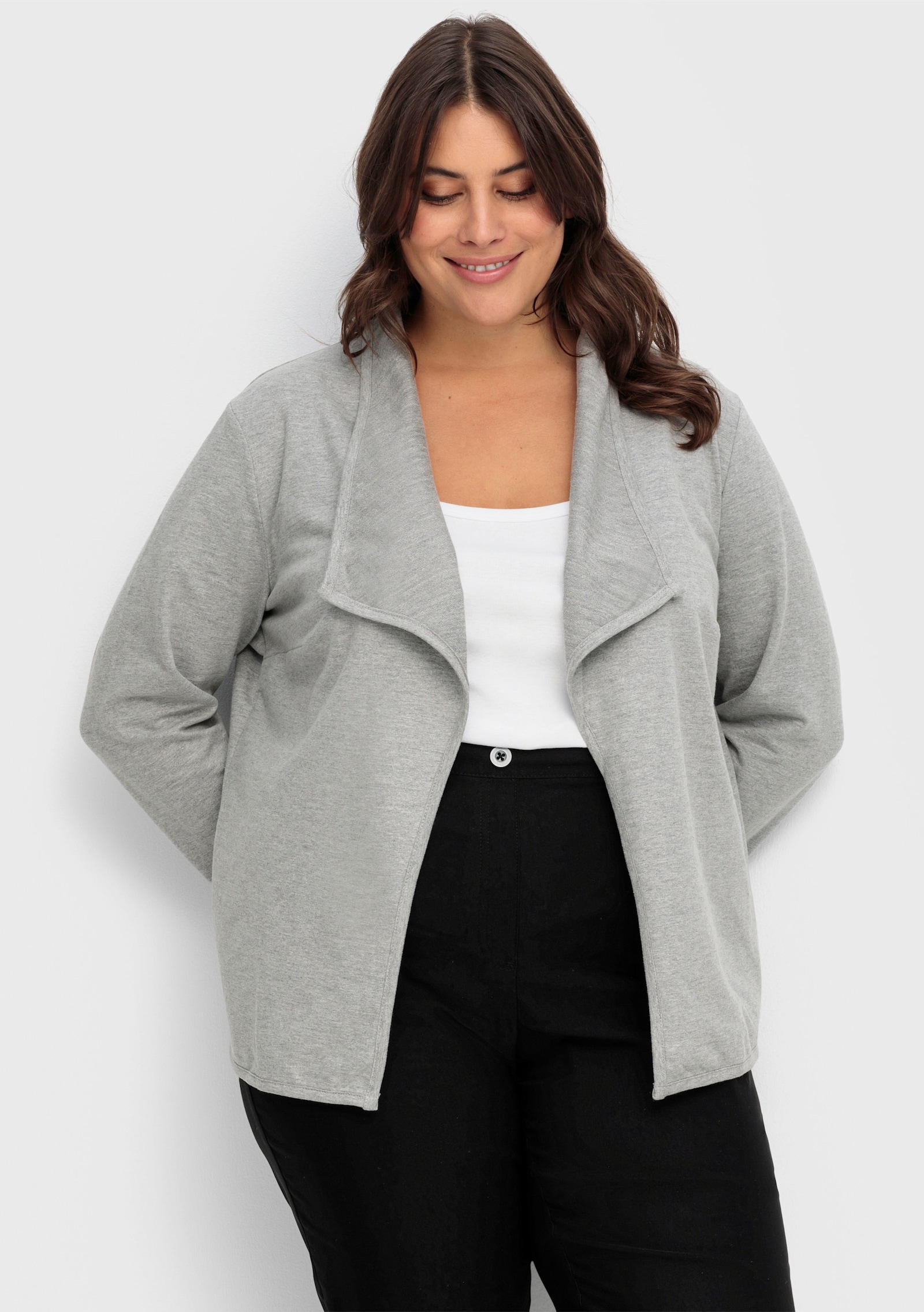 Jerseyblazer mit Umlegekragen, kurz geschnitten - hellgrau-meliert